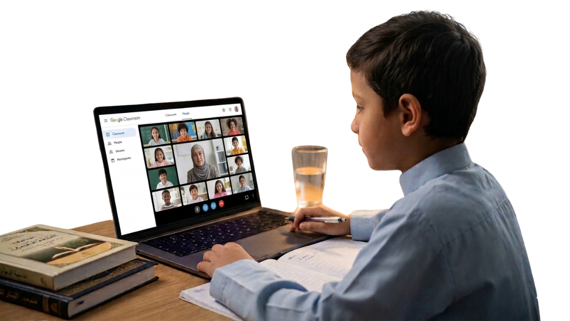 A boy sitting at a desk engaging in a virtual classroom on his laptop, with a glass of water, notebooks, and books nearby.
