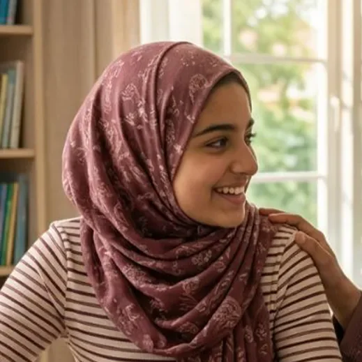 A young girl wearing a maroon hijab with a floral pattern and a striped shirt, smiling and looking to the side, in a room with a window and bookshelf in the background.