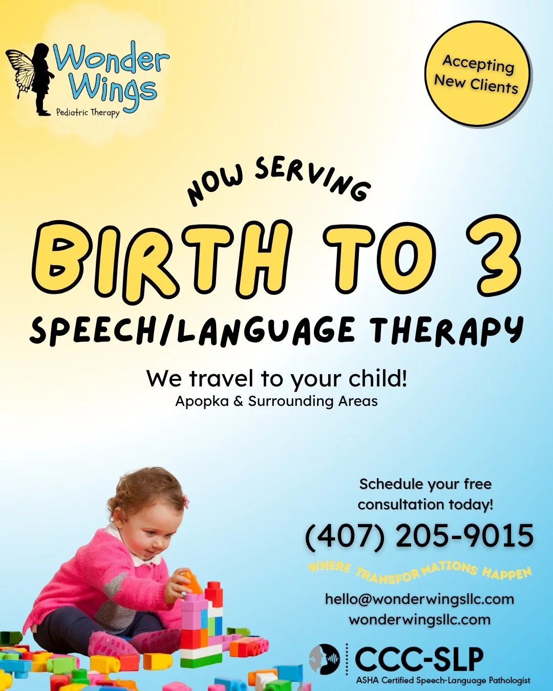Exciting news&mdash;we&rsquo;re expanding our services! Wonder Wings Pediatric Therapy is now offering early intervention for littles from birth to 3 in Apopka, FL and surrounding areas. Early support can make a big difference in your child&rsquo;s s