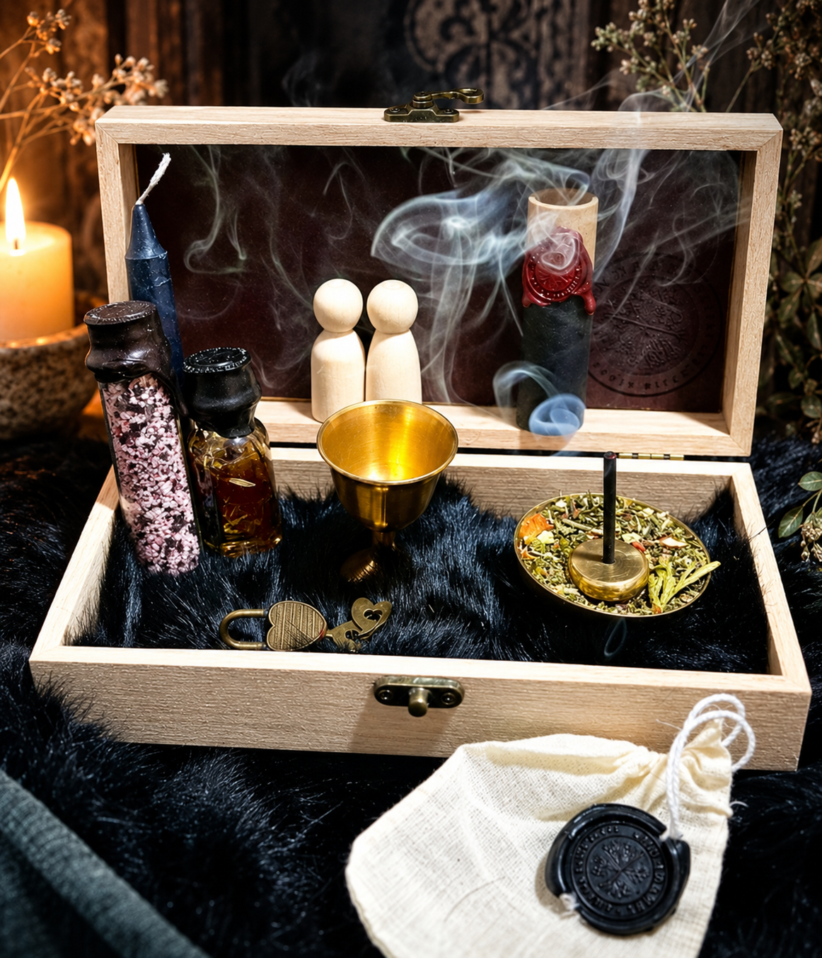 A wooden alta containing various mystical and spiritual items, including candles, wooden figurines, bottles with herbs, smoking incense, a gold chalice, a dish with herbs, keys, and a wax seal, with candles and plants in the background.