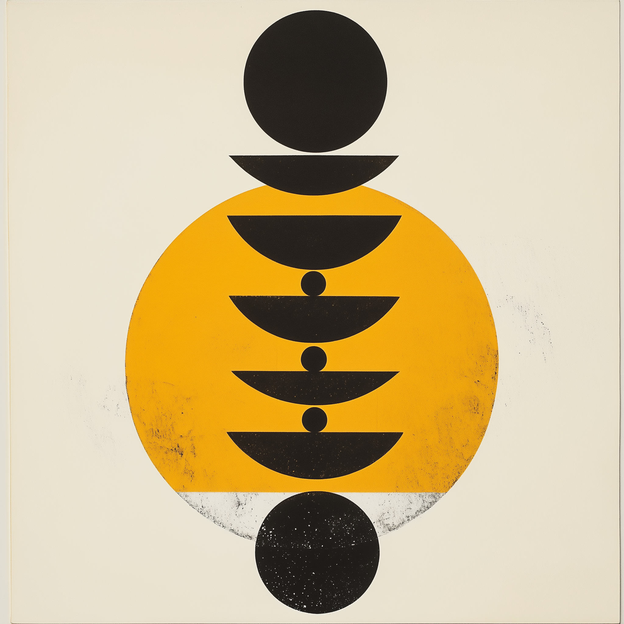 Abstract geometric artwork with black circles, semi-circles, and a large yellow circle in the center on a light background.