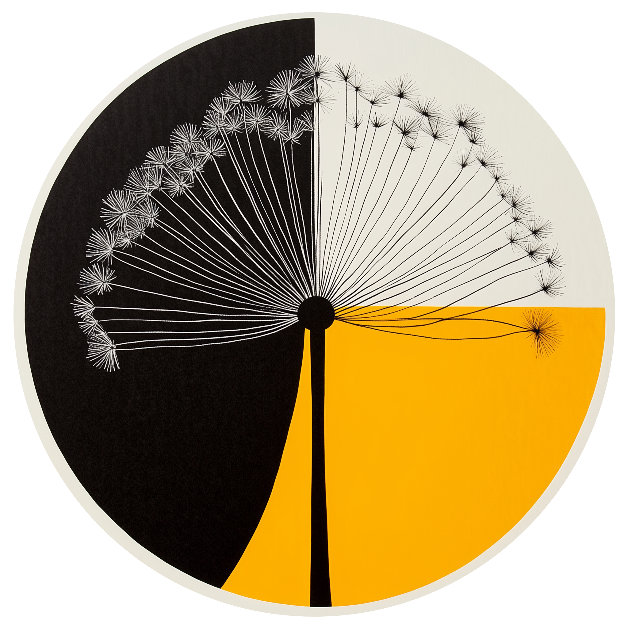 A circular infographic comparing data with a dandelion design. The circle is divided into a black dark section and a yellow section, with a black stick-like structure in the center. Dandelion seed illustrations extend from the center to the edge, symbolizing data points.