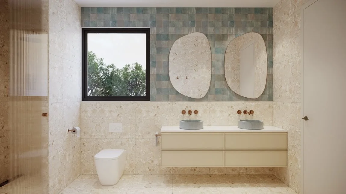 Project Montrose - Ensuite design 🤍

Bathroom designs for this dual occupancy are now complete. Each space features a neutral palette, with this ensuite introducing a soft pop of colour through the baby blue @nood_co basins and matching zellige tile