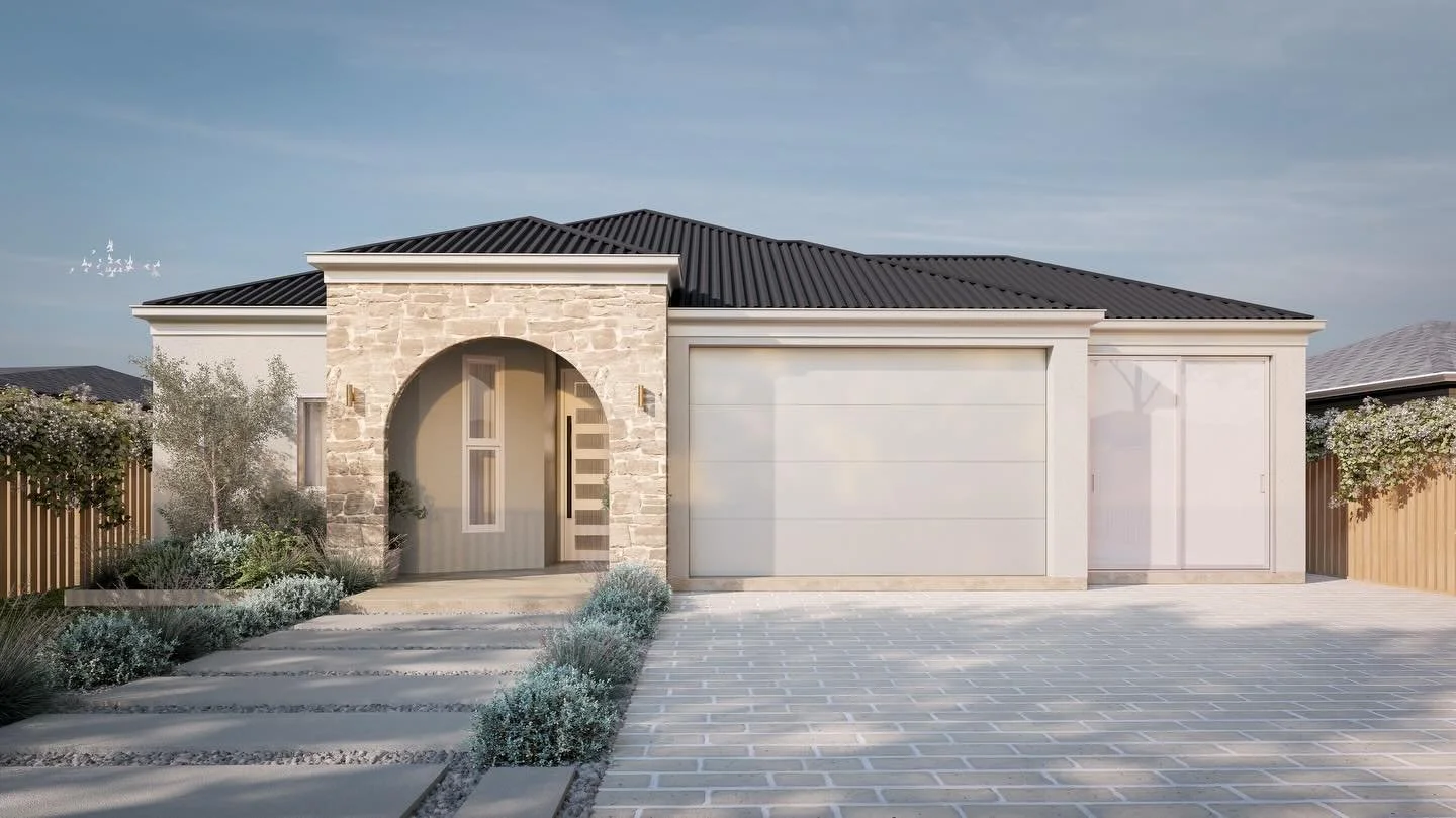 Exterior Concept for a local facade makeover 🤍

By introducing layered stonework, a framed arched entry and a softer neutral palette, the exterior has been designed to be transformed without altering the core structure or needing approvals. 

Proof 