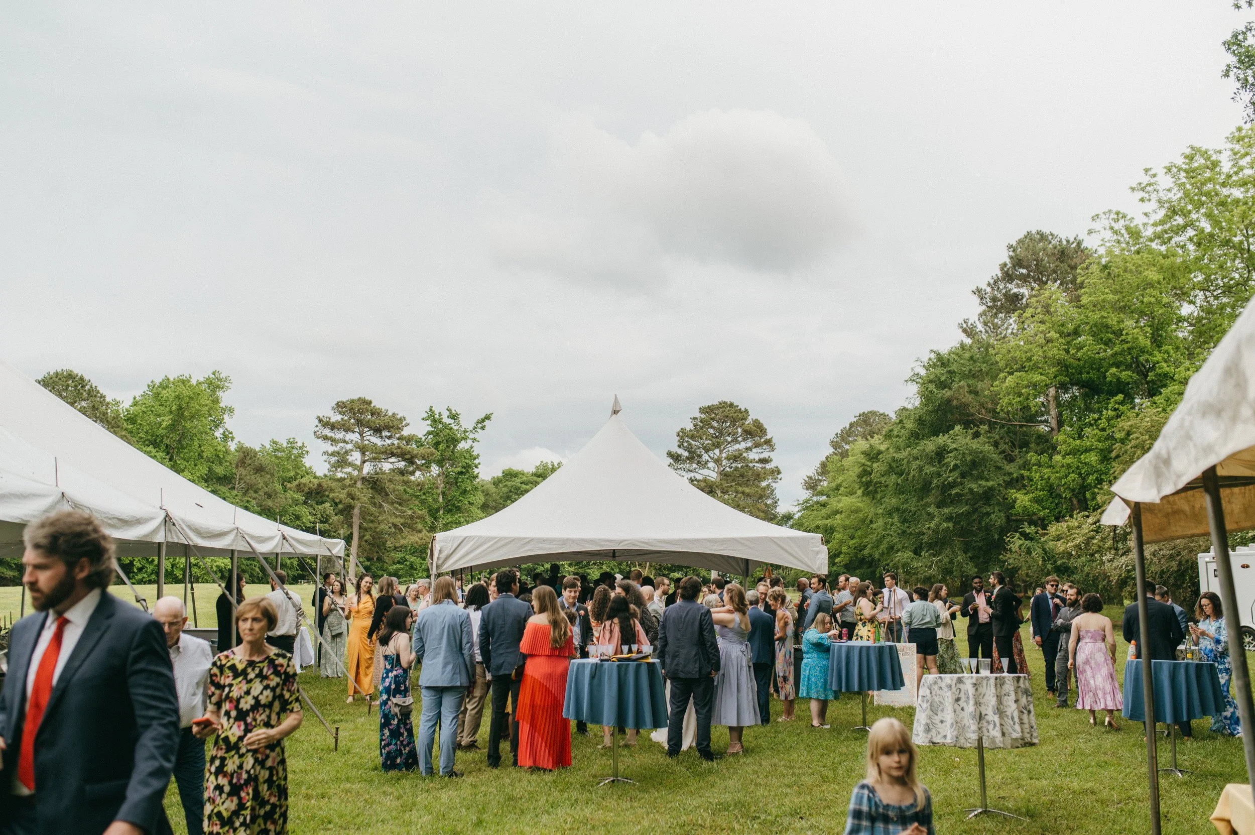 Outdoor wedding reception with guests mingling under white tents on a grassy field, surrounded by green trees and cloudy sky.