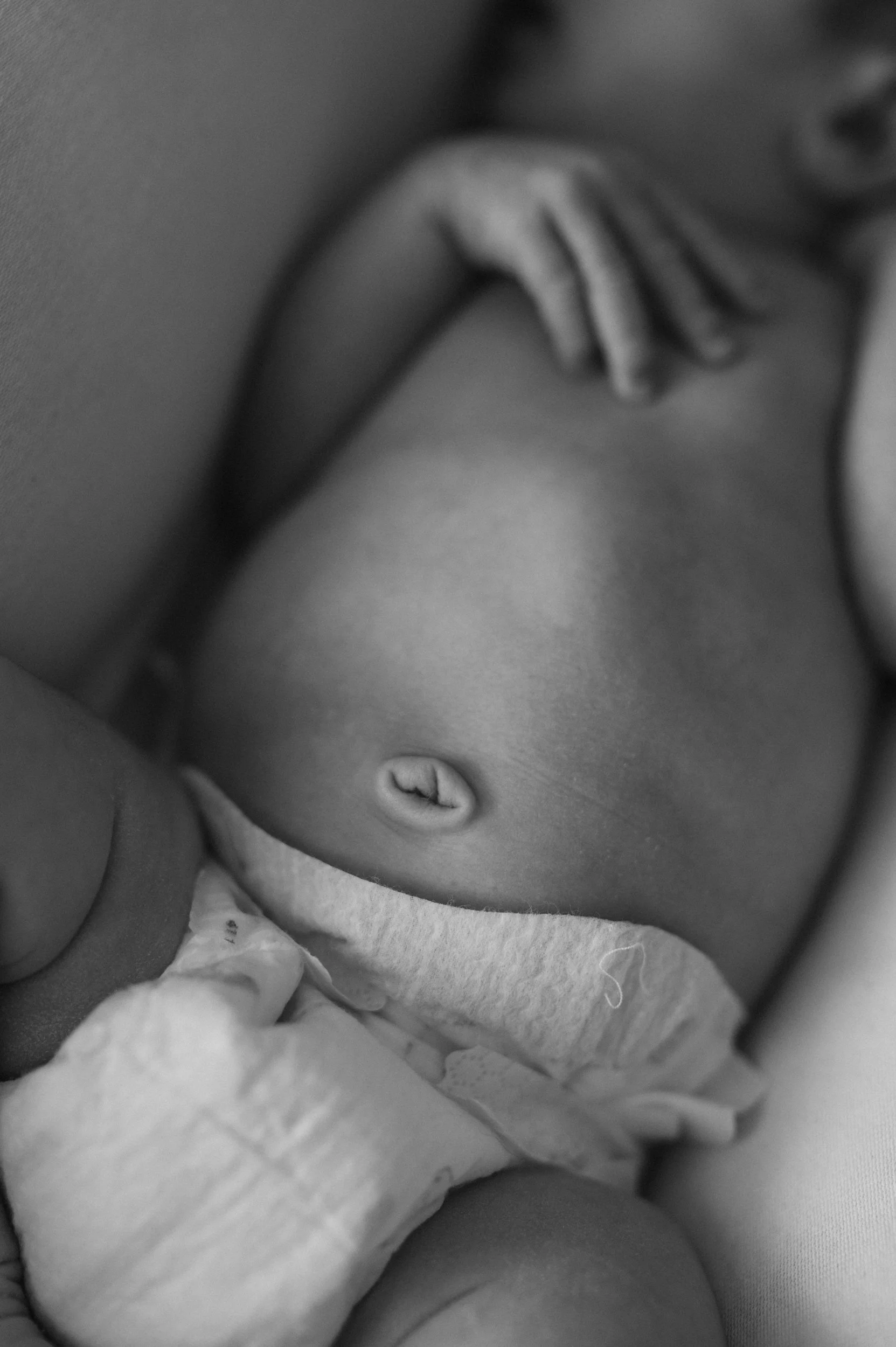 Close-up black and white photo of a baby's midsection with a hand resting on the baby's chest, wearing a diaper.