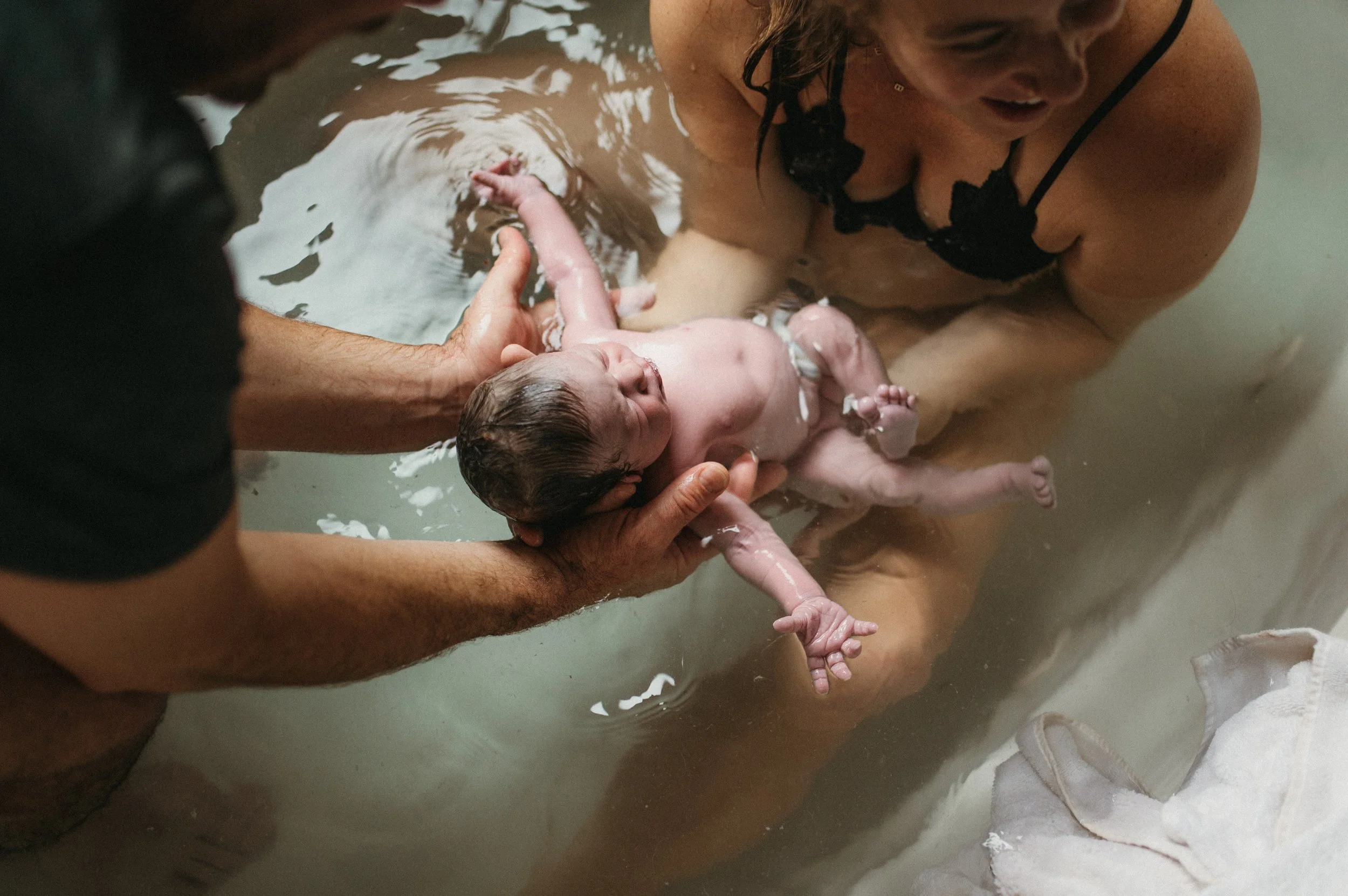 A newborn baby being bathed in a small tub by two adults, one holding the baby's head and the other supporting its body in a gentle bath.