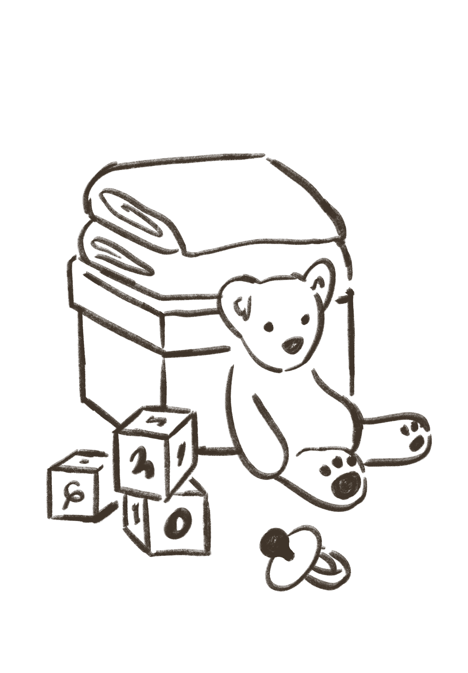 Line drawing of a stuffed bear toy surrounded by alphabet blocks with numbers and a pacifier, and a blanket on top.