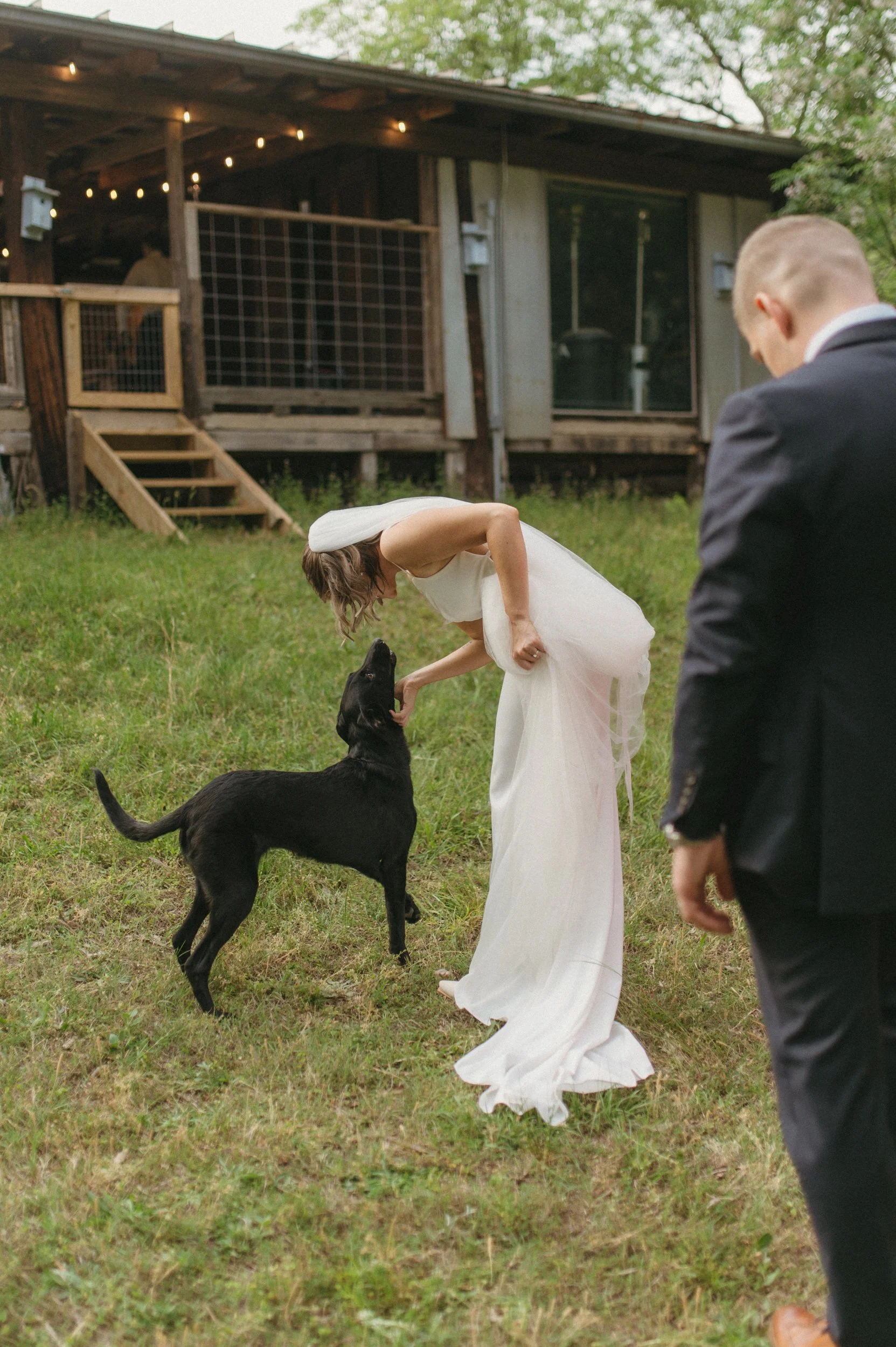A bride petting a black dog while a groom watches, outdoors on a grassy area near a wooden house with string lights.