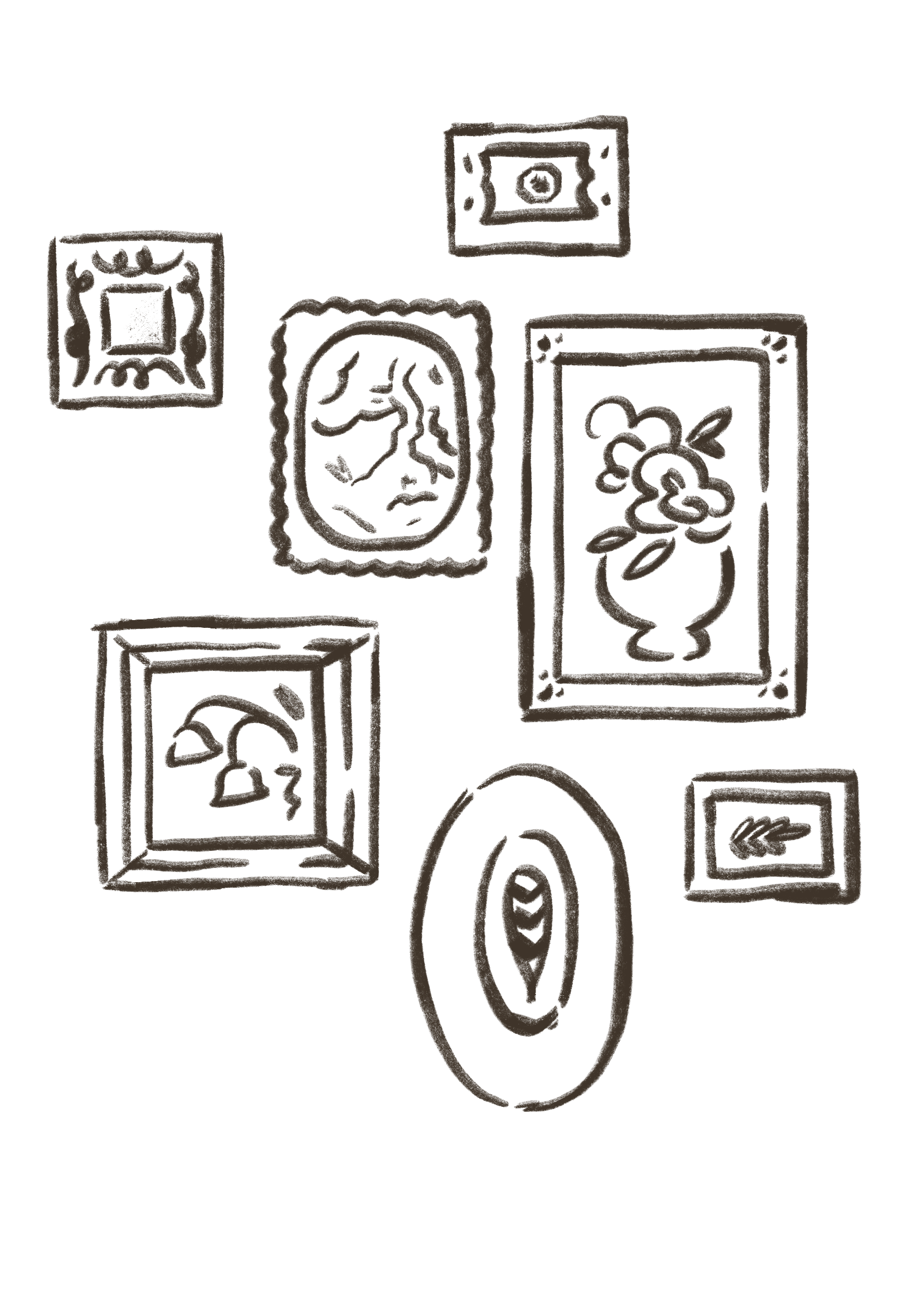 Sketch of various framed artworks and photographs on a wall, including a face, a vase with flowers, and abstract designs.