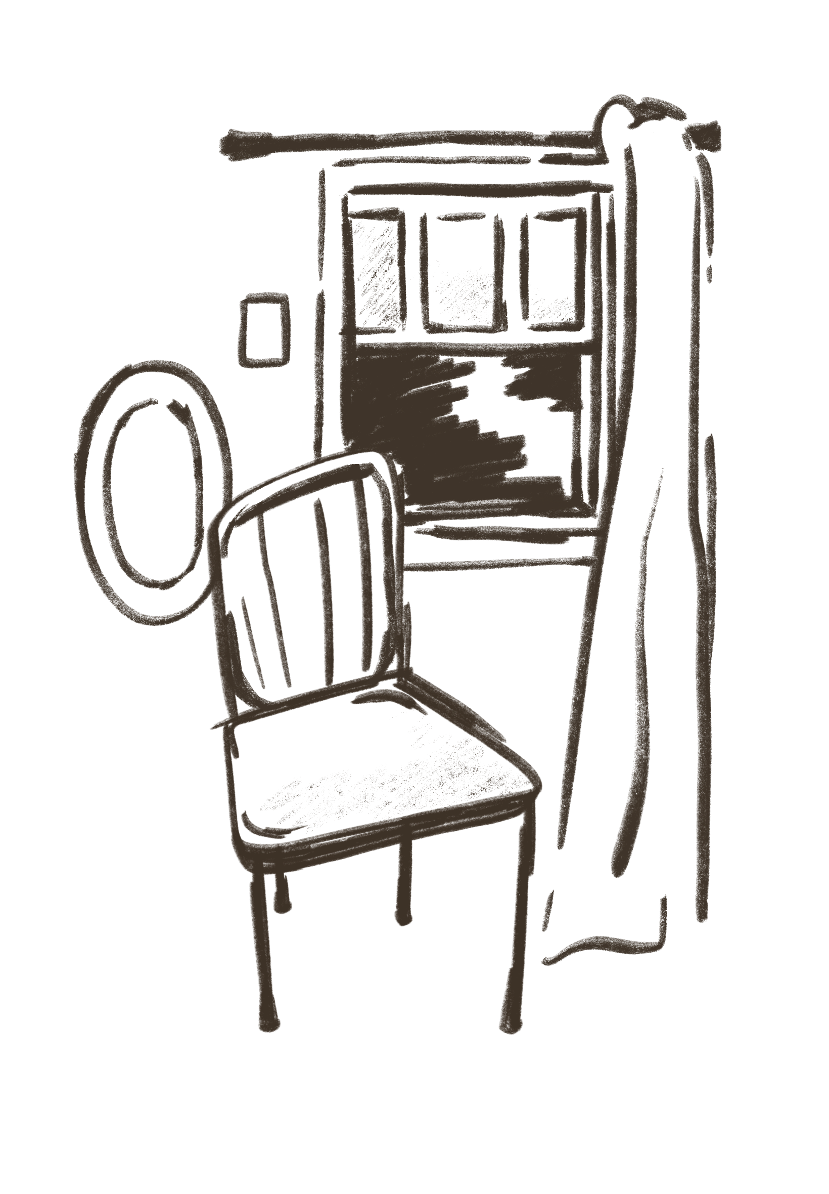 A sketched illustration of a chair, a circular mirror, a window, and a door with a curtain, all in a minimalist style.