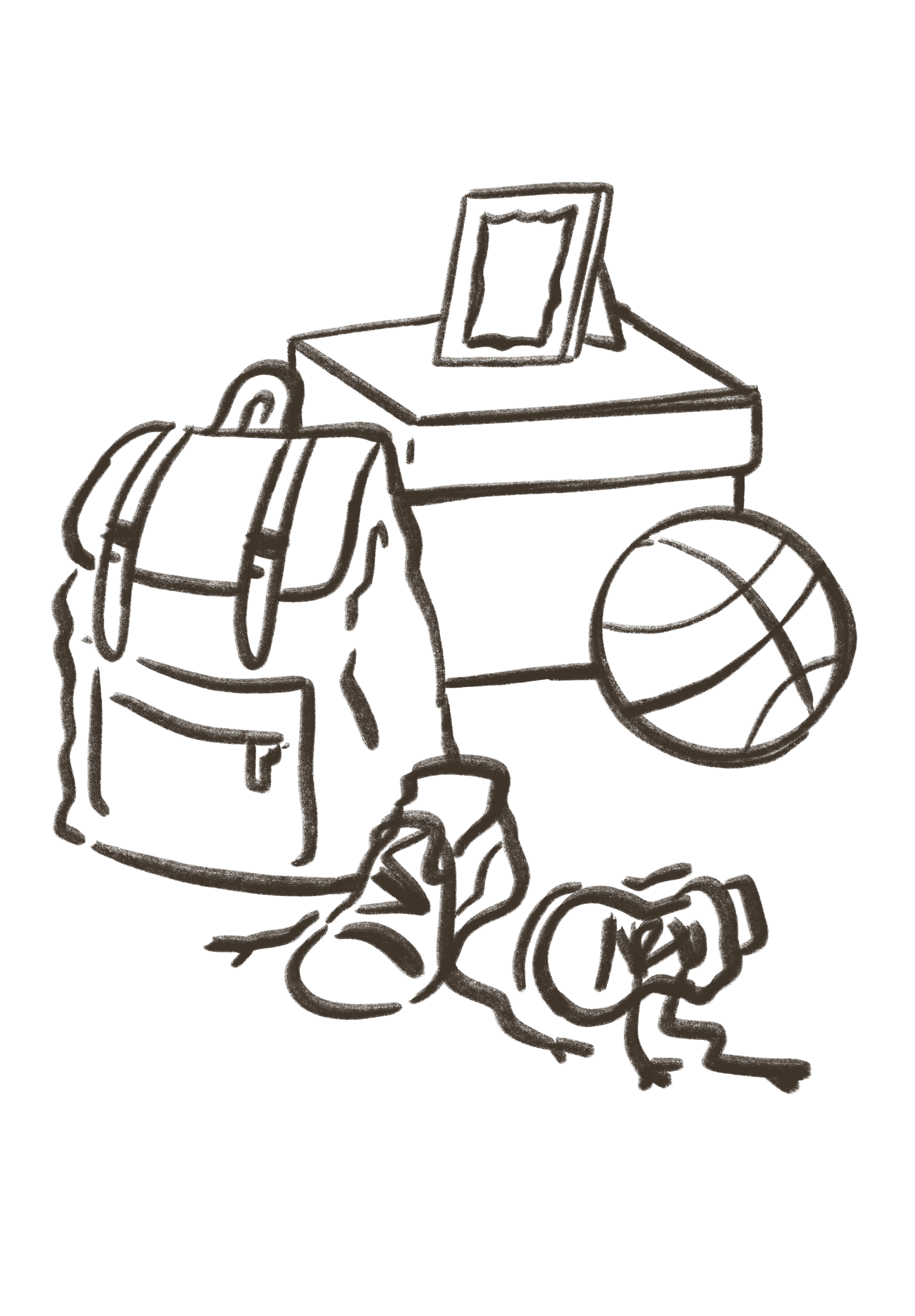 Line drawing of a backpack, basketball, camera, desk with a mirror, and a pair of shoes.