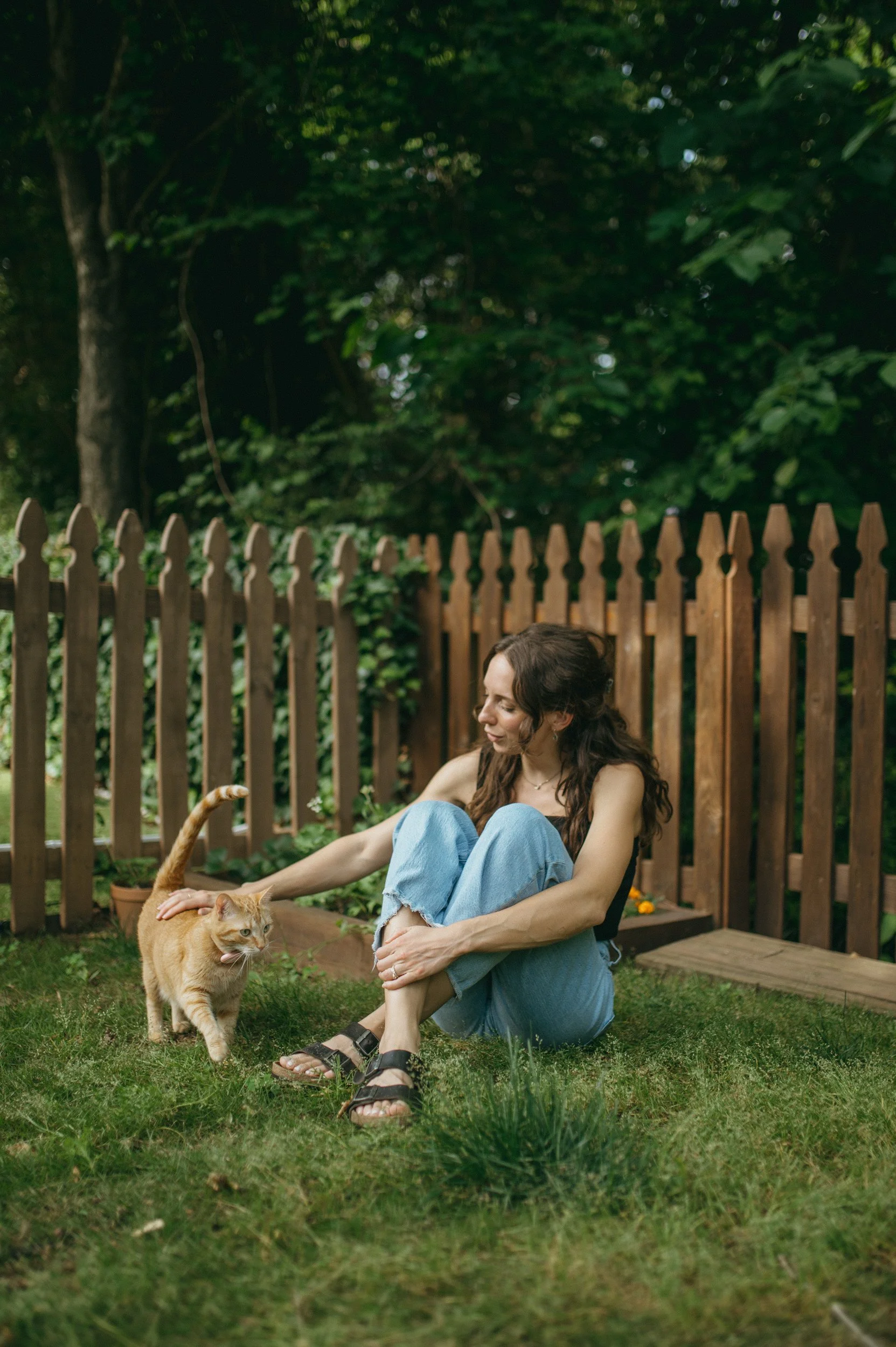 A woman sitting on grass in a backyard, petting an orange cat, near a wooden fence and green trees.