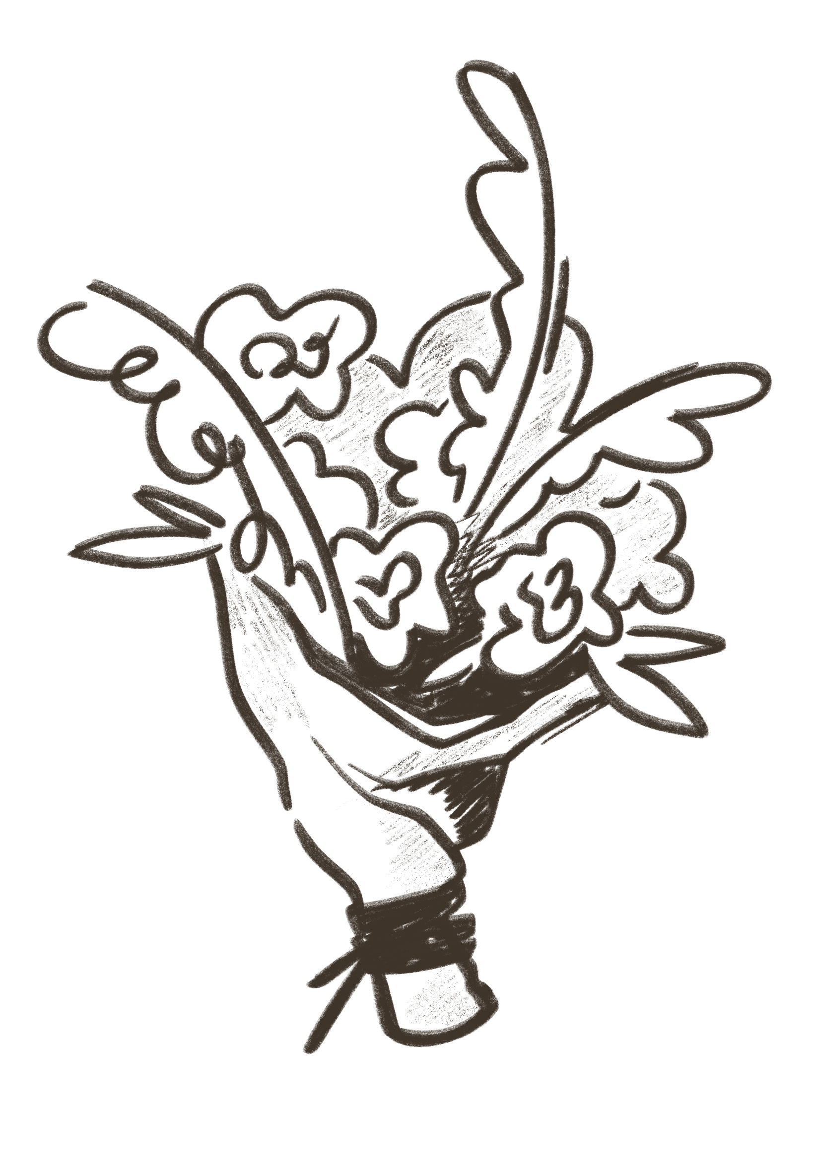 Outline drawing of a bouquet of flowers in a vase.