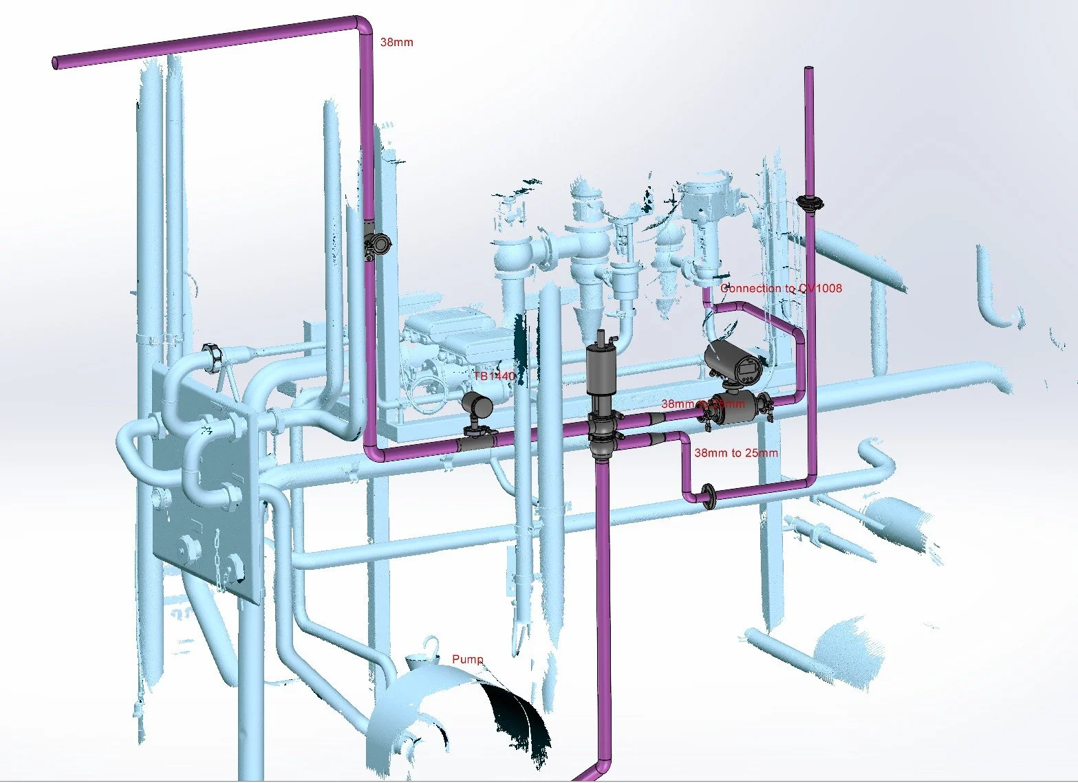 Diagram of a plumbing or piping system with various pipes, valves, and connections, including labels indicating different pipe sizes and components.