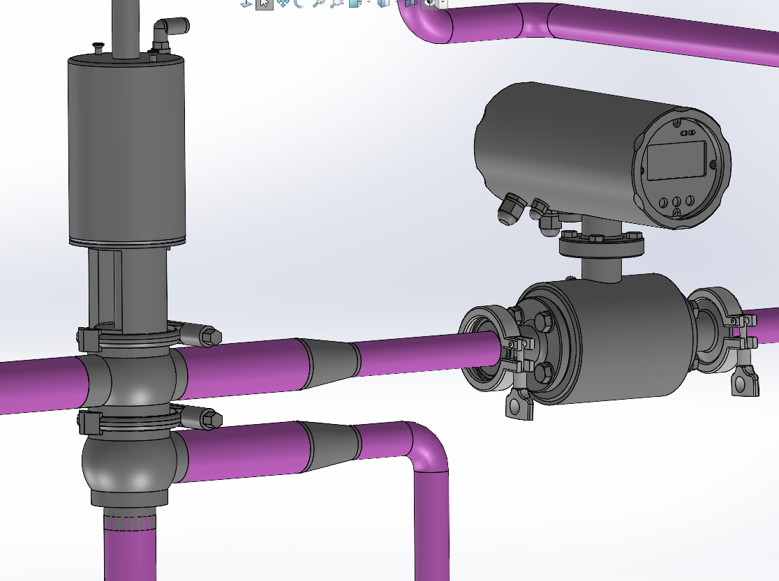 CAD model of a pipe system with purple pipes, a flow sensor, and a pressure gauge.