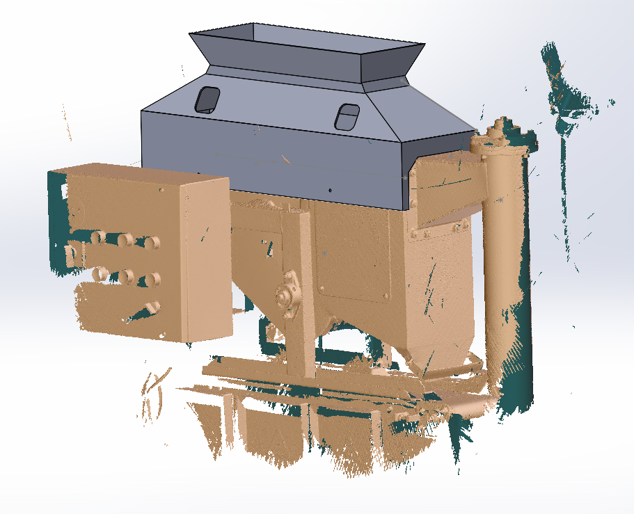3D laser scan point cloud of a machine or industrial equipment, showing various panels, pipes, and structural components.