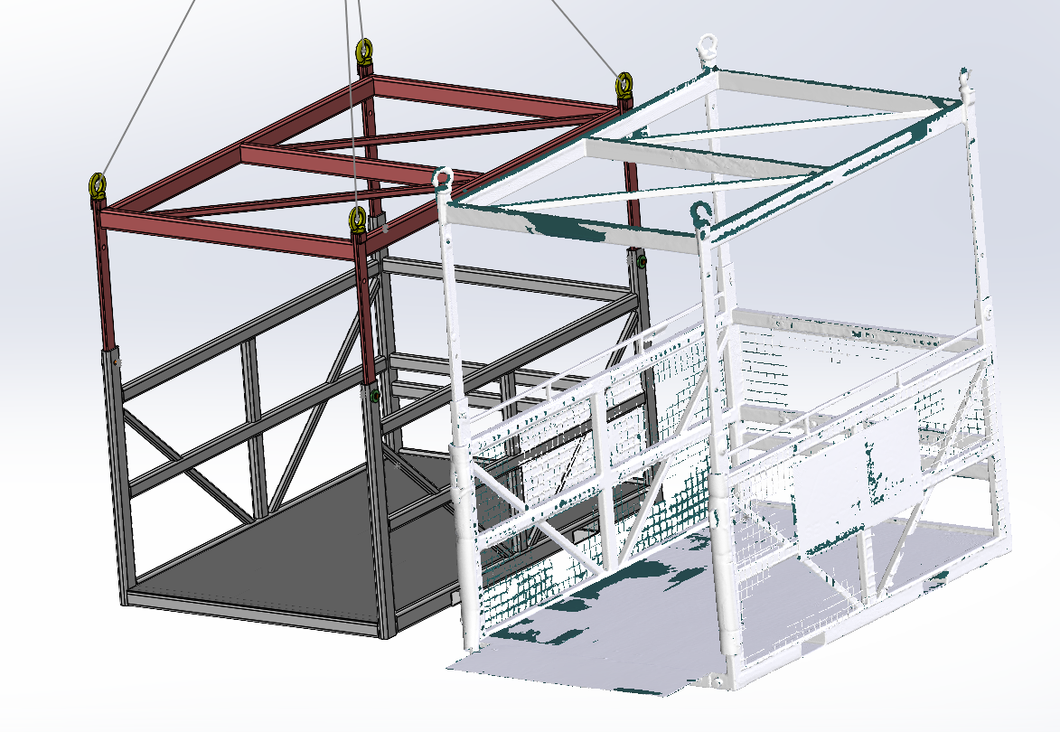 CAD drawing of two scaffolding structures, one in red and black and the other in white, with metal frames and safety railings.