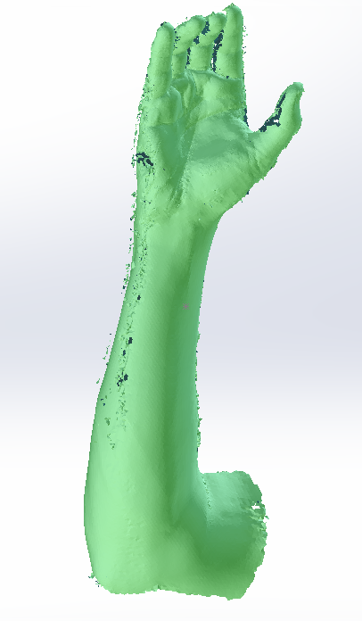3D model of a human hand with a green coloring, raised with fingers slightly apart against a light background.