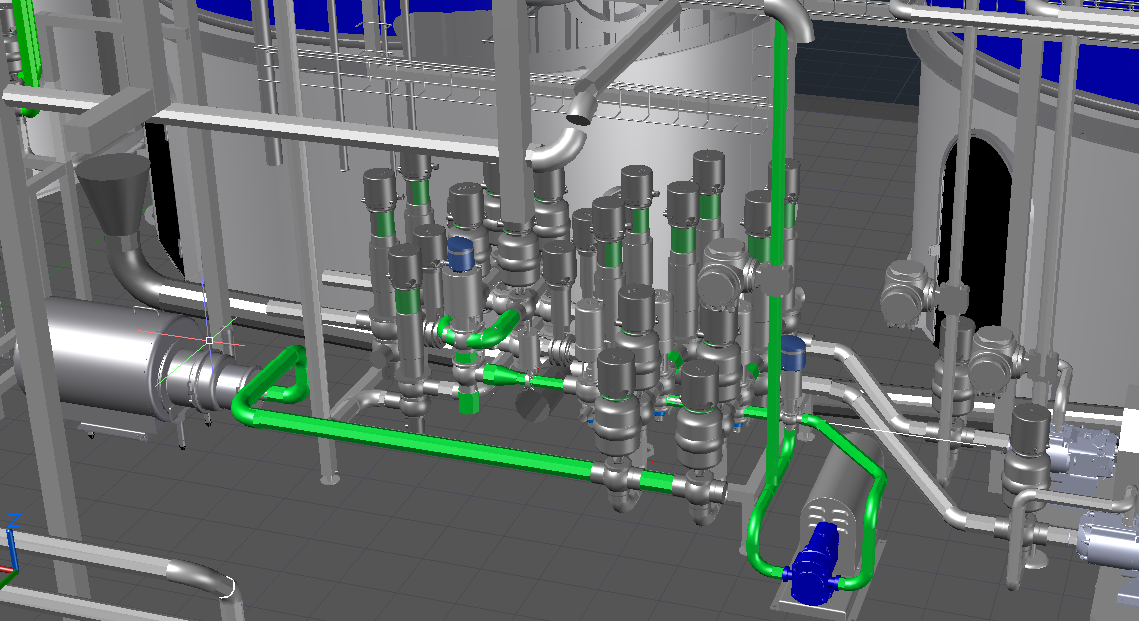 A detailed 3D model of an industrial piping system with numerous valves, pipes, and fittings, some highlighted in green and blue, arranged on a gray metal framework in a manufacturing or processing plant.