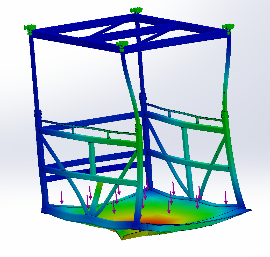 Computer-aided design model of a boat hull structure showing stress distribution, with color gradients from blue to red indicating stress levels, and purple arrows indicating load directions.