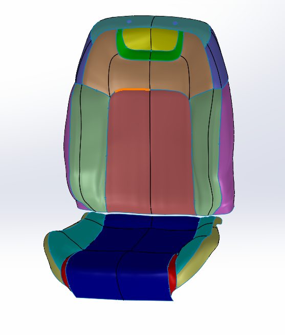 Colored 3D model of a car seat showing different sections and materials.
