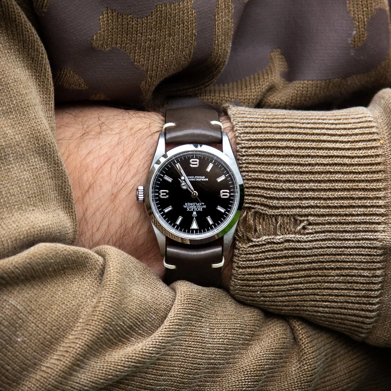 Custom grey-green cow leather for the Rolex Explorer