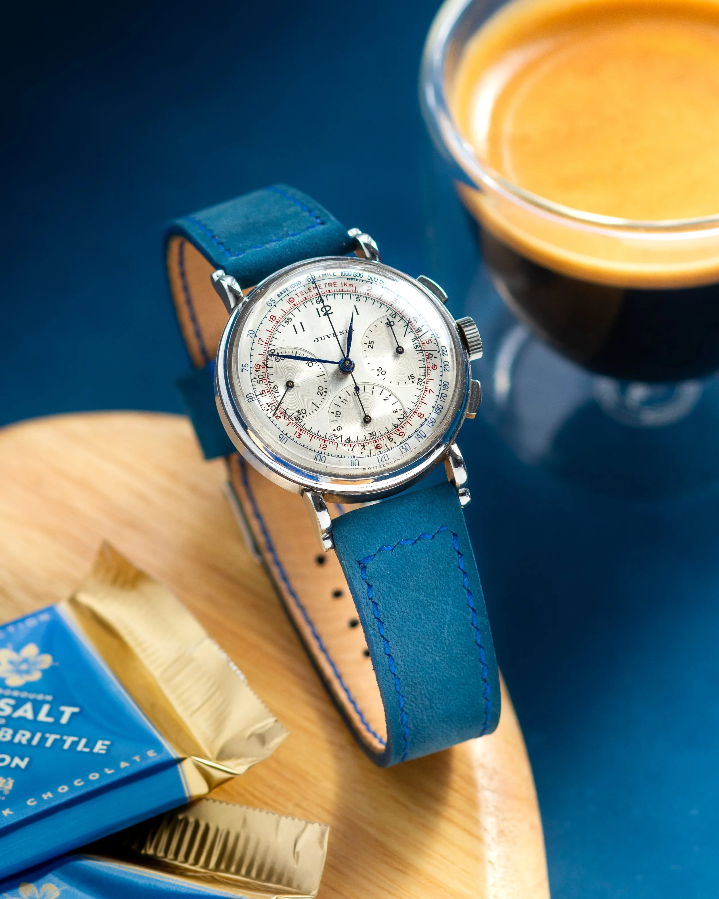 Juvenia Chronograph + blue nubuck leather
