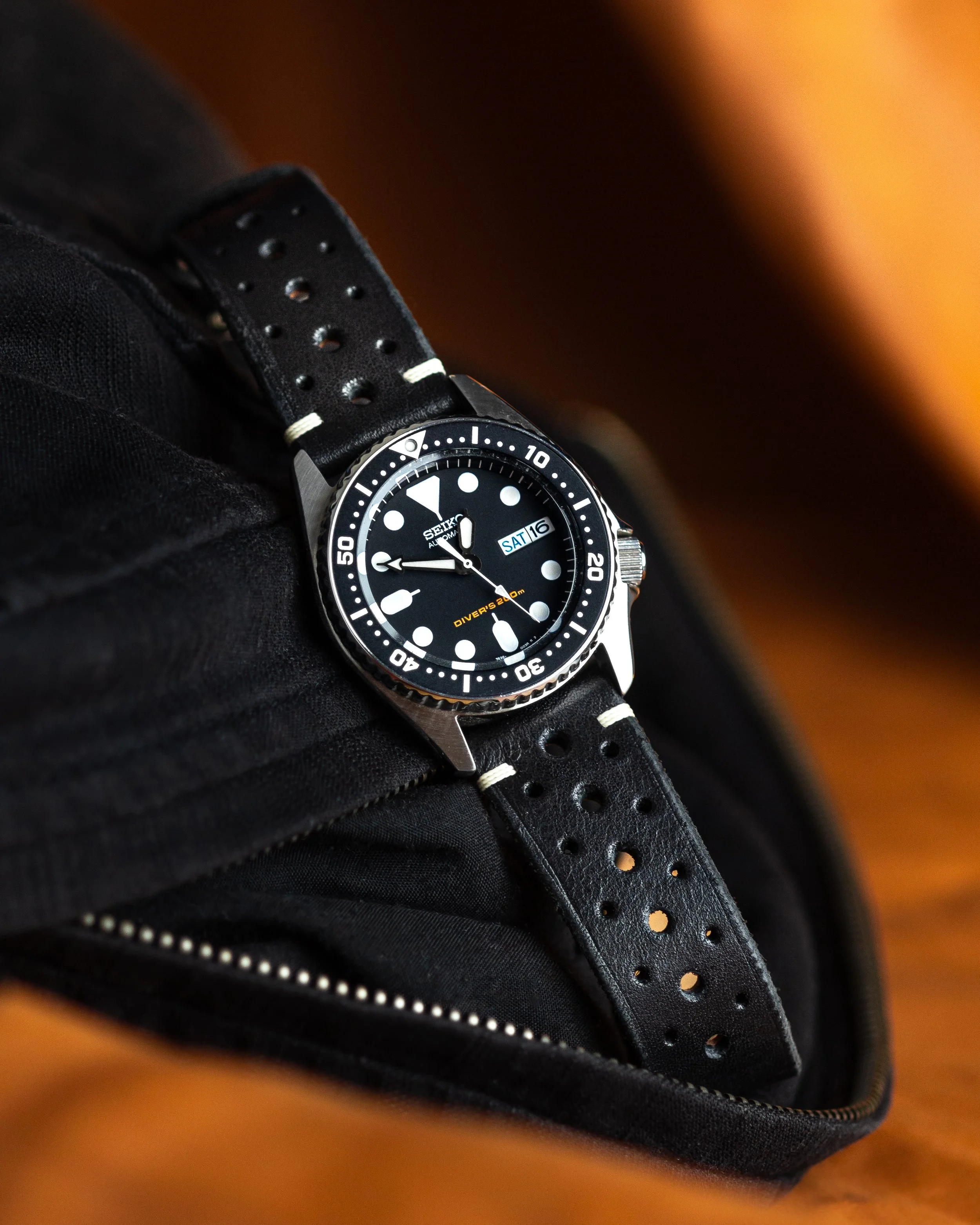 Vintage black rally strap for the SKX013