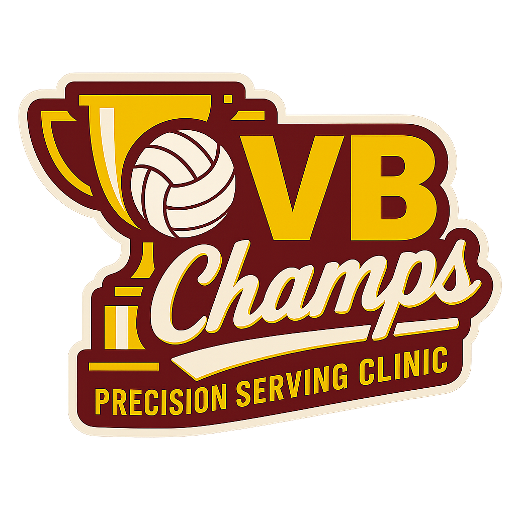 Logo for VB Champs, a volleyball team or club, with a trophy and volleyball graphic, and the tagline 'Precision Serving Clinic'
