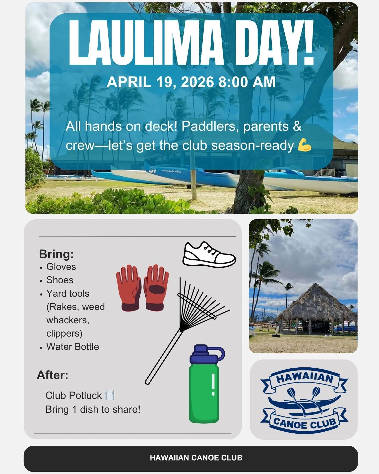 We work&hellip; then we eat 🤙🏽

Laulima Day coming up and we need everybody there to help get the club ready for the season 💪🏽

📅 April 19 | ⏰ 8AM

🍽️ Potluck after &mdash; bring one dish!
Stay, eat, talk story, and hang with the HCC ʻohana

Go