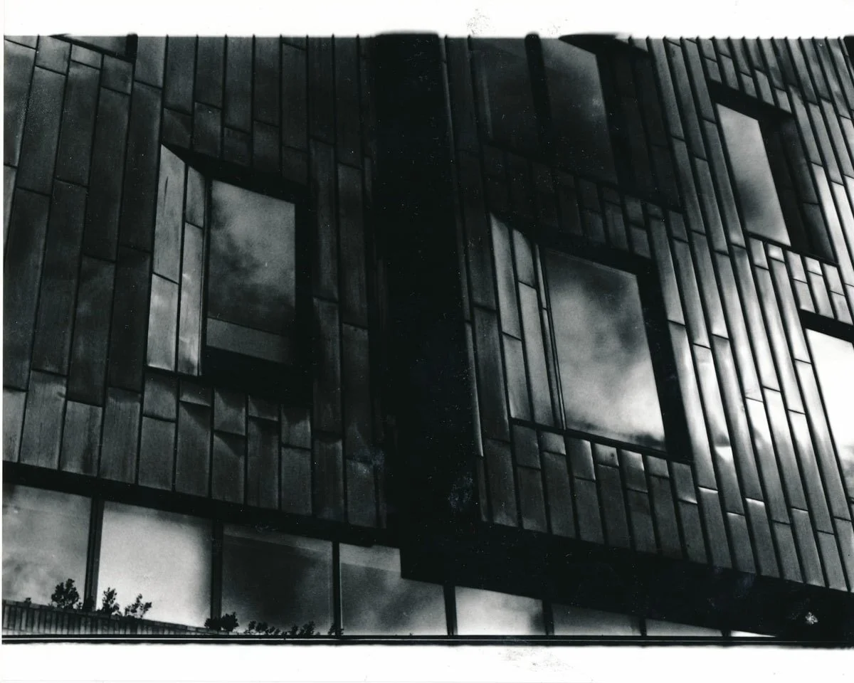 bendigo modern law courts building, vertical metallic panelling, black and white