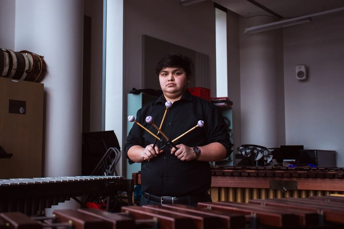 landscape portrait, foreground of xylophones, and instruments in background, formal and skilled