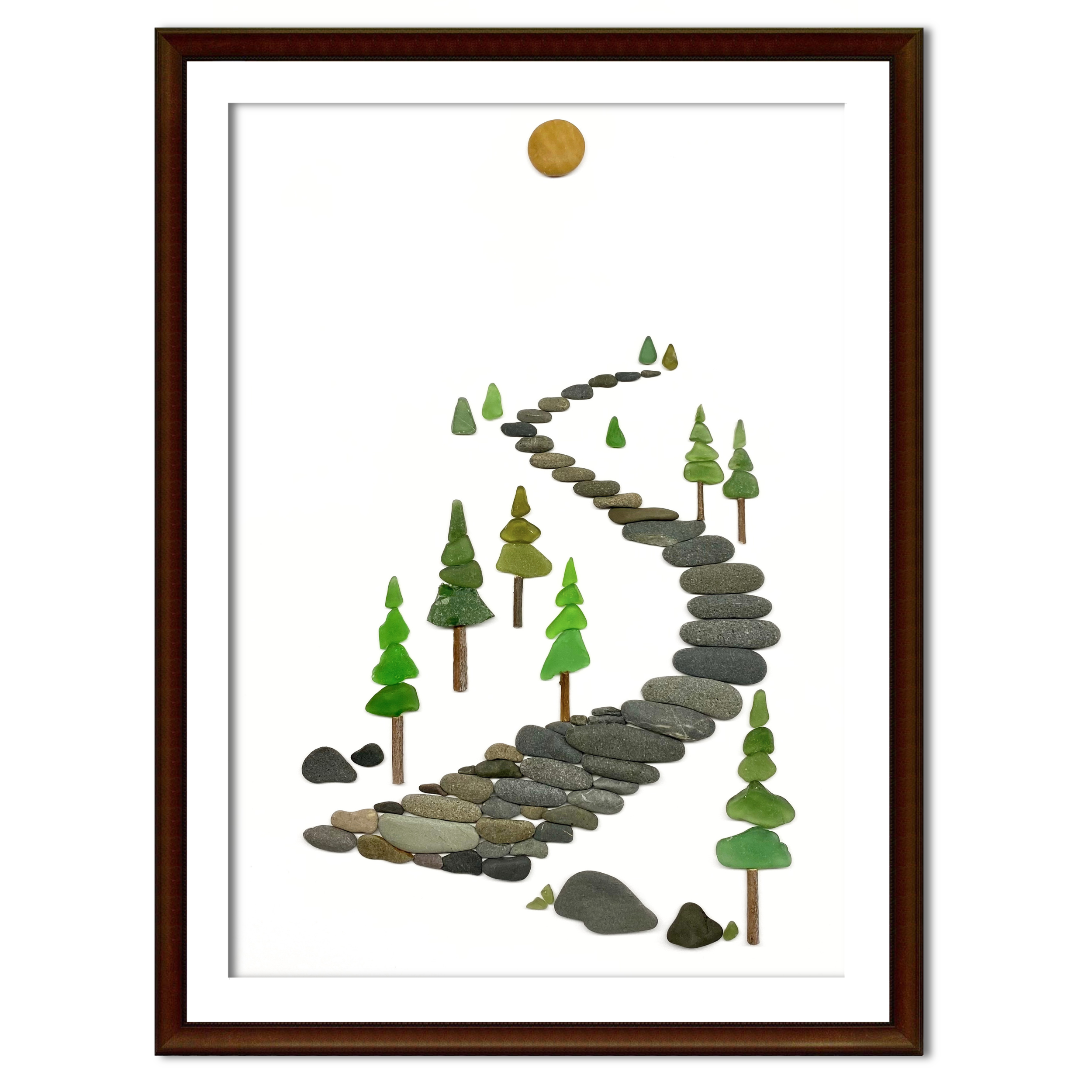 A winding stone path climbs through a forest of evergreen trees toward a glowing golden sun.