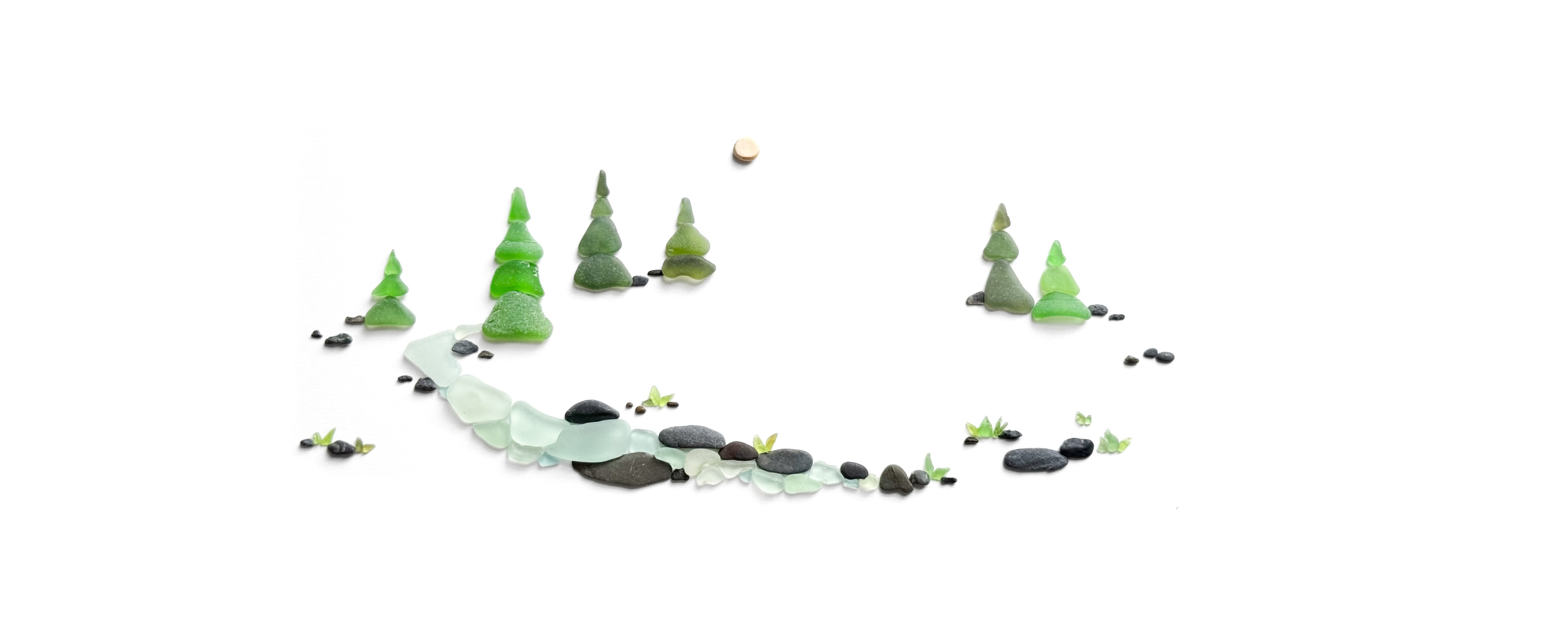 Sea glass forest river scene with green trees and a winding aqua glass river lined with river stones