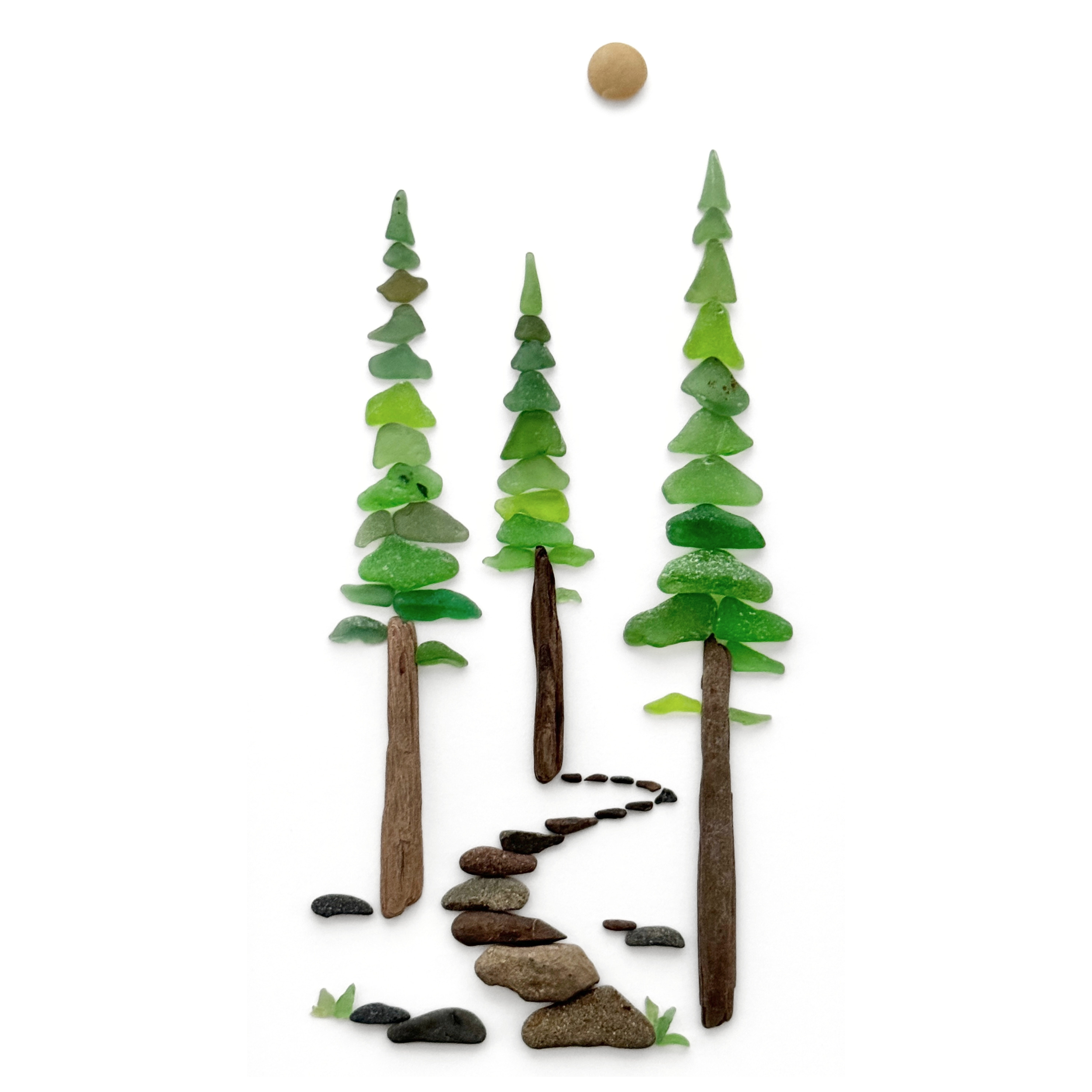 Three tall redwood trees created from layered green sea glass, with a winding stone path disappearing into the forest.