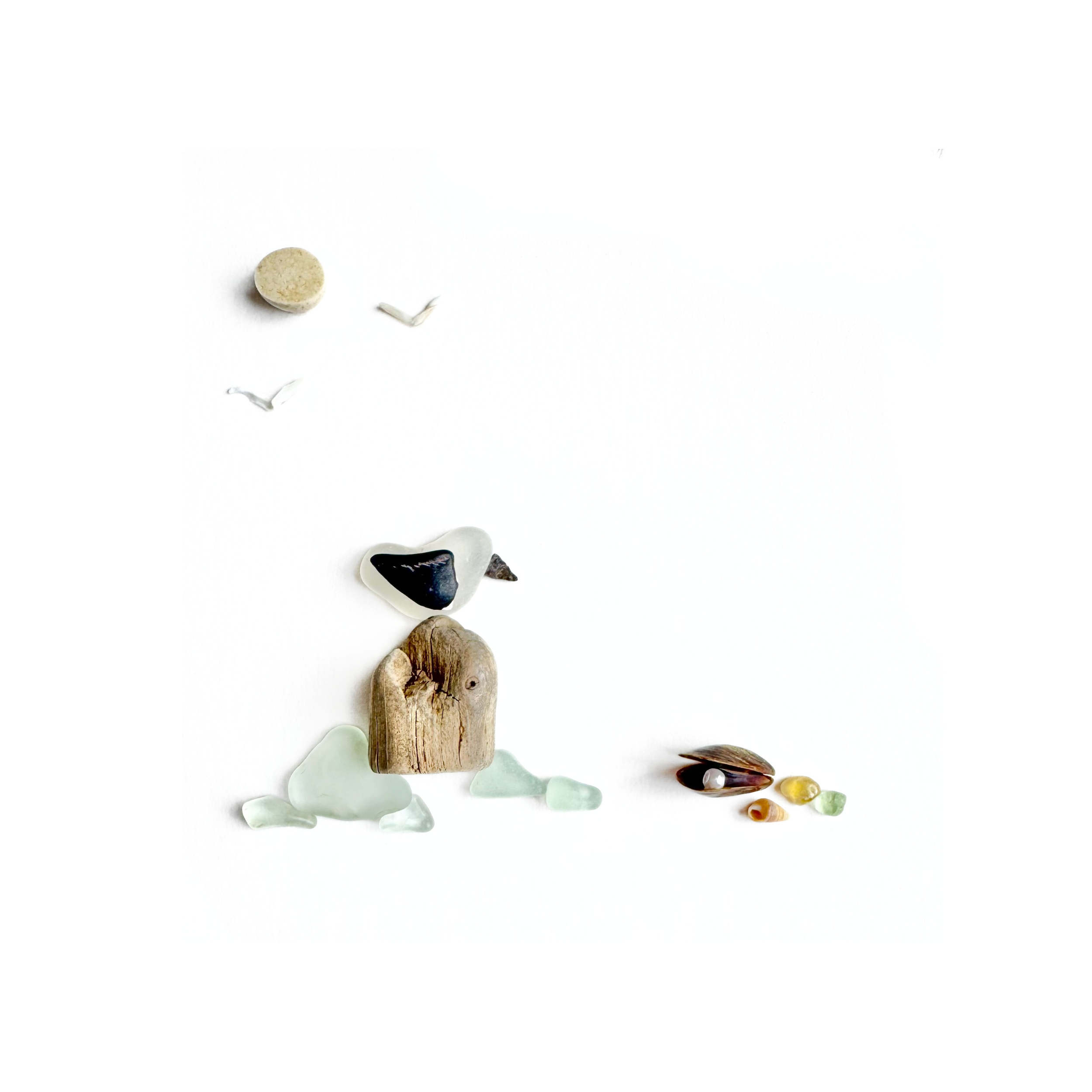 Seagull perched on a weathered coastal stump among sea glass, tiny mussel shell, and agate beach stones.