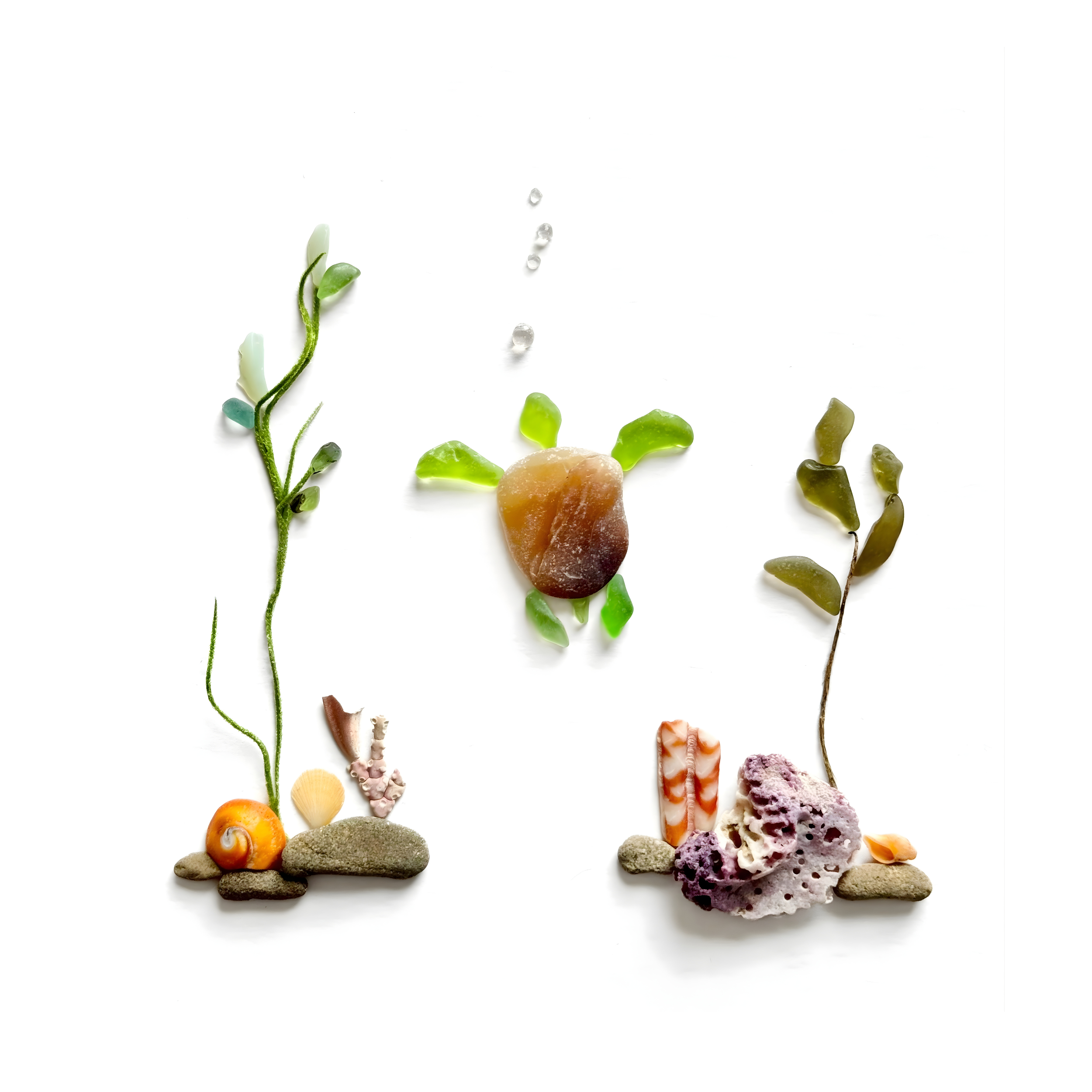 Sea turtle swimming through a colorful underwater garden of sea glass, shells, and beach-found materials.