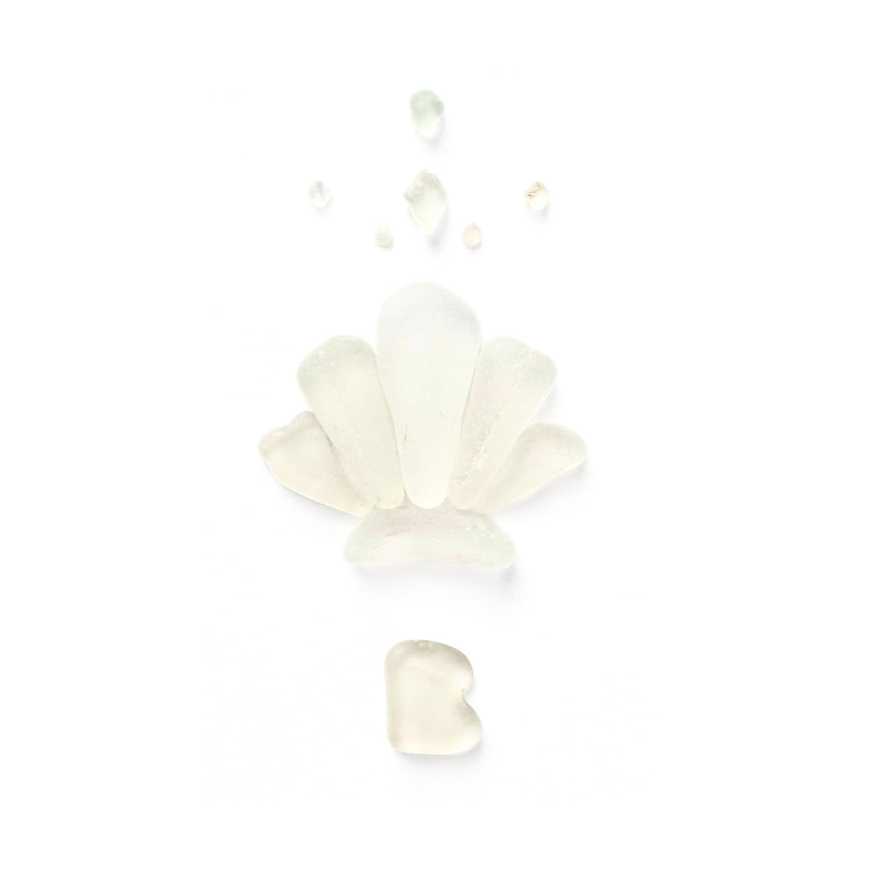 Hand-arranged white sea glass pieces forming a shell shape on a minimalist white background