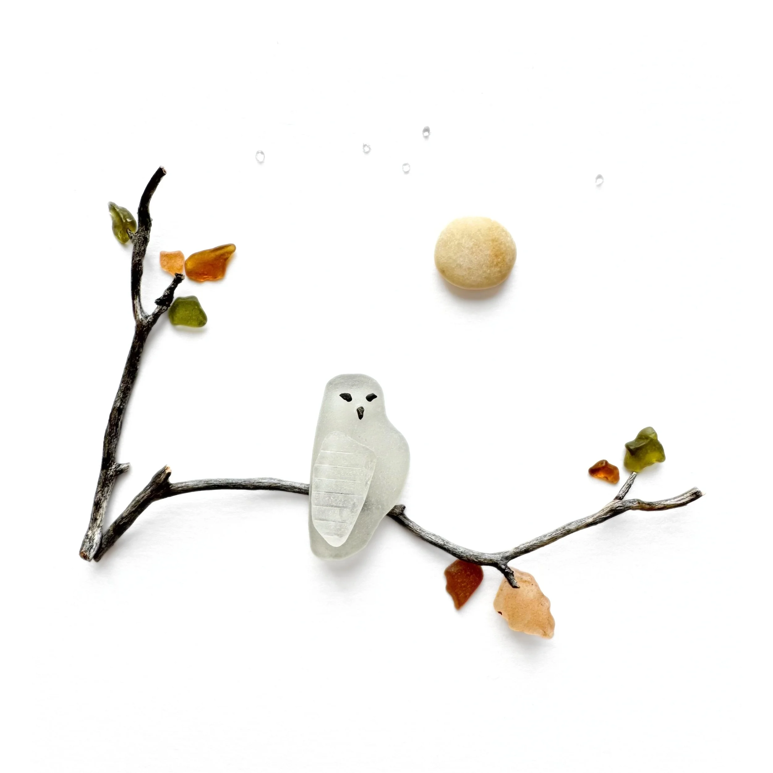 Original sea glass artwork featuring a small white owl perched on a branching twig with amber and green leaves beneath a golden moon, against a white background.