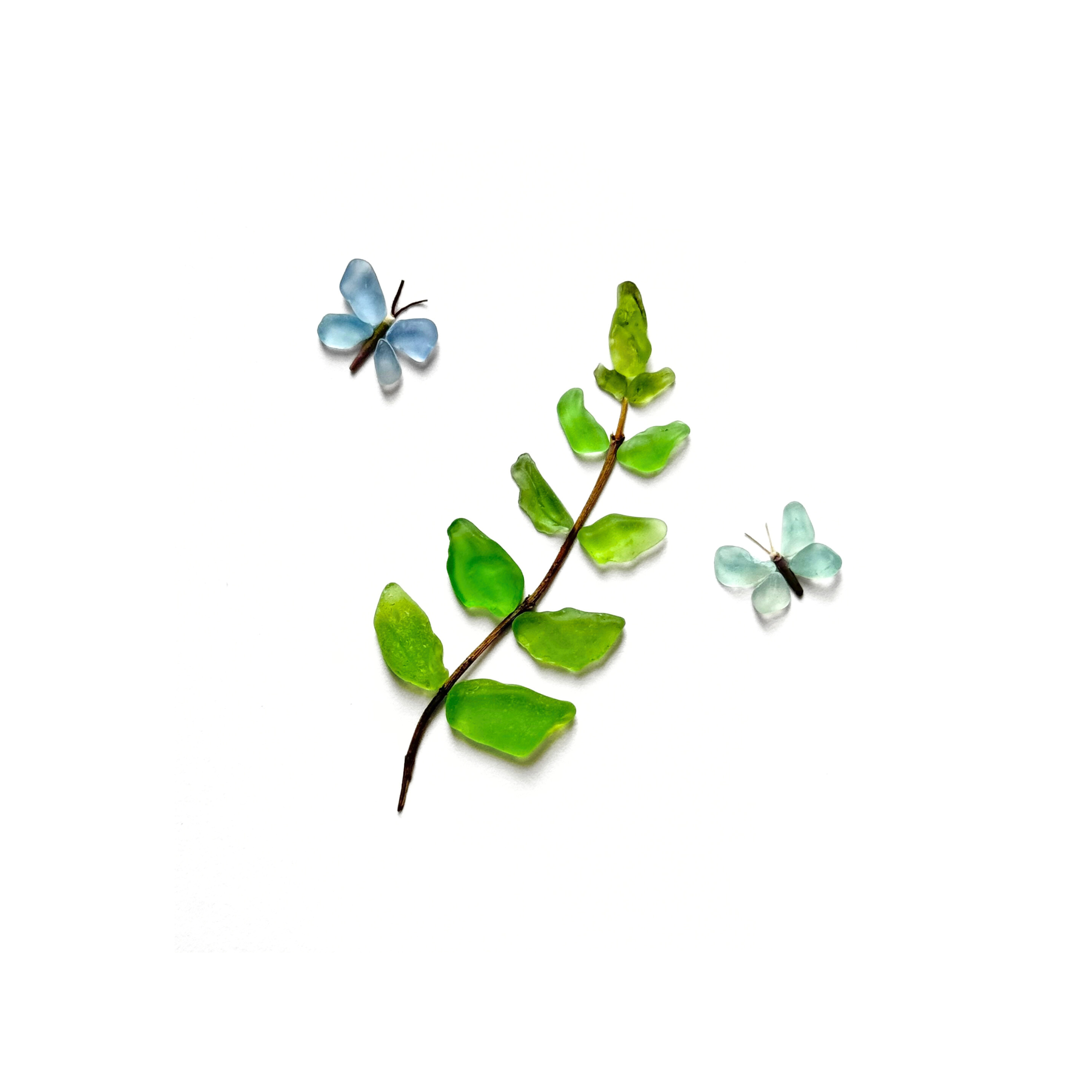 A bright green sea glass fern visited by two delicate blue butterflies.