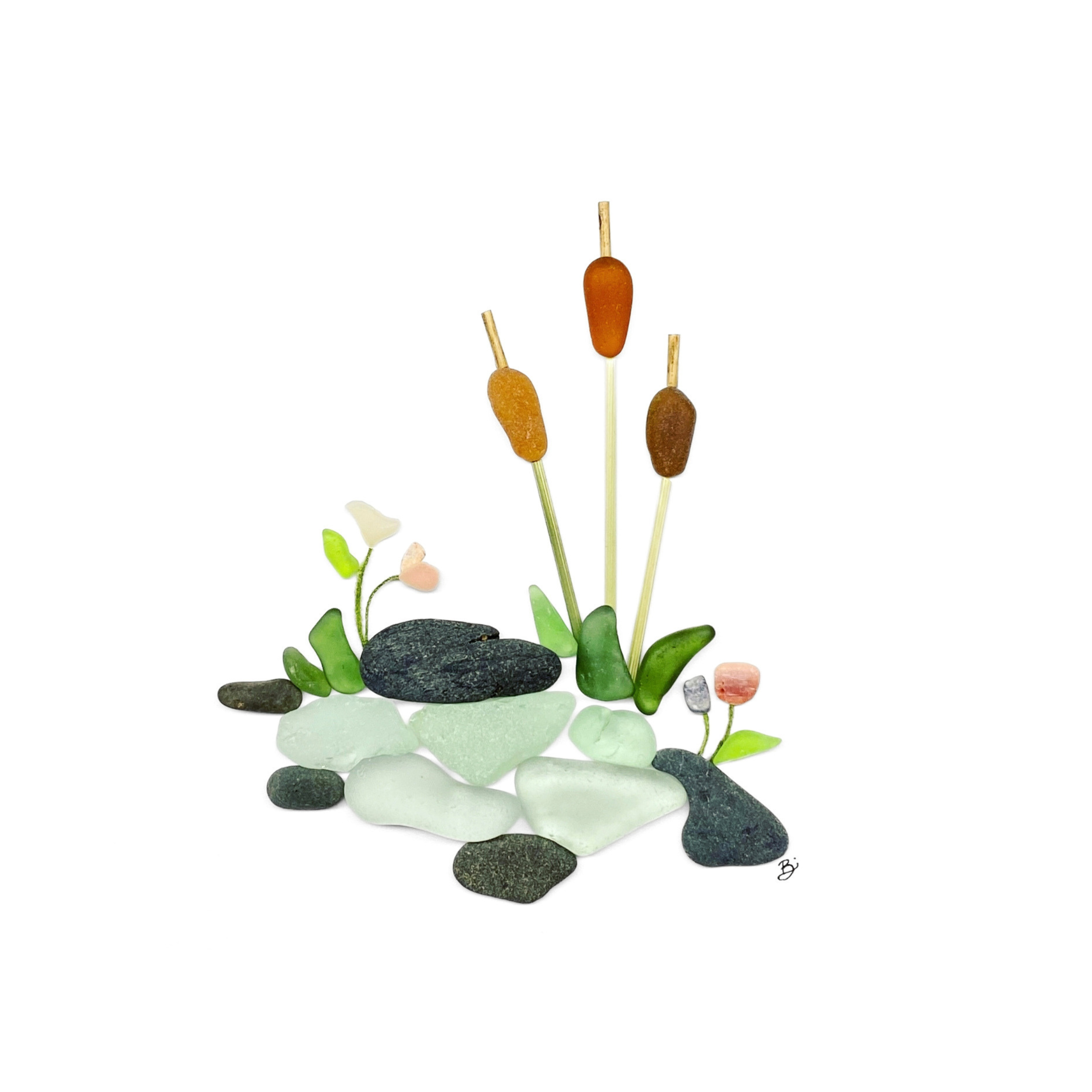 Sea glass cattail pond scene with amber cattail reeds, green grasses, gray stones, and small flowers on a white background.