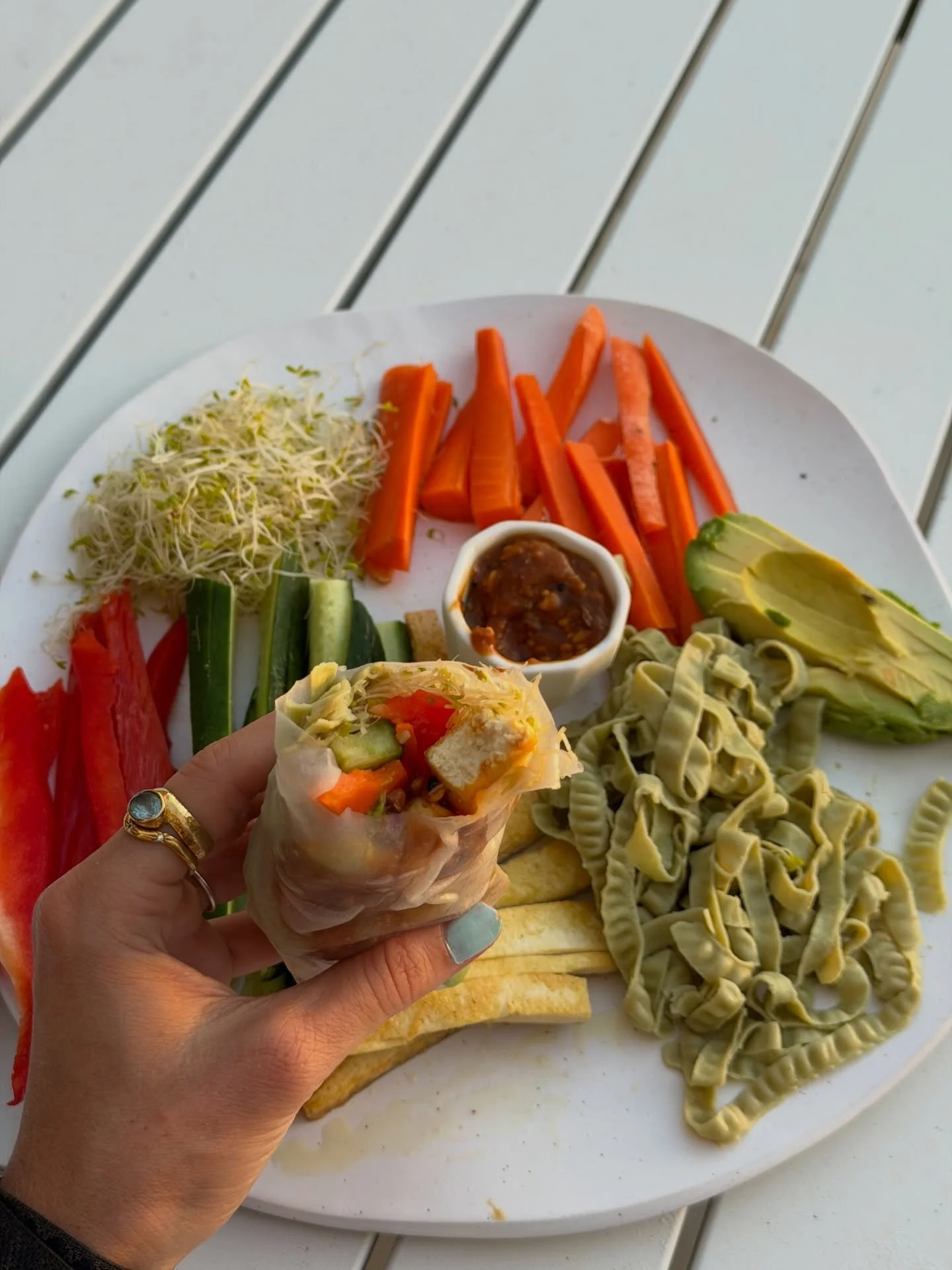 Rice paper rolls with homemade satay ❤️

Lots of people asking for the recipe but these require not much instruction and actually are a great way to use up anything in the fridge + get a good heap of colour ( antioxidants) and fibre in! A fresh and q