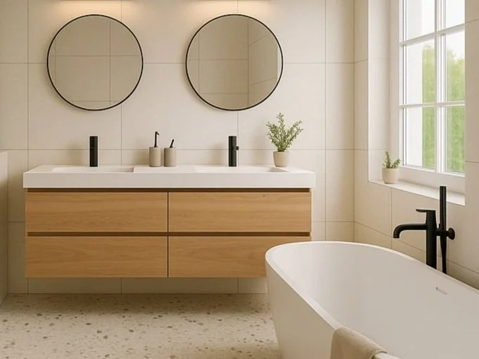 Badezimmer Badewanne Terrazzo  Badschrank Holz.jpg