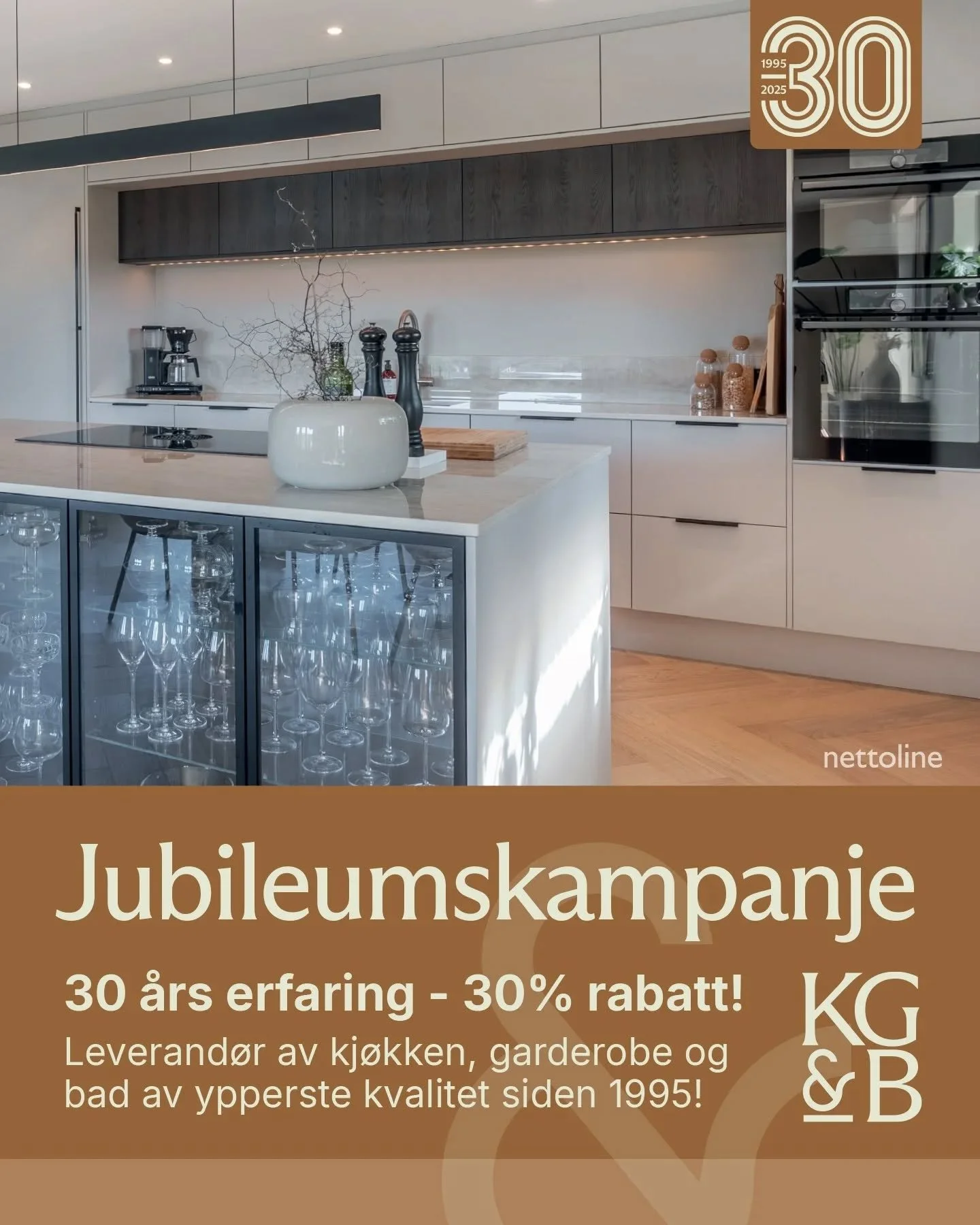 🎉 Siste del av vårt 30 års jubileumskampanje! 🎉
Nå får du -30% rabatt på Nettoline kjøkken, garderobe og bad! Gi hjemmet ditt et løft med dansk produserte kvalitetsprodukter til jubileumsrabatt! 🥳
Vi e