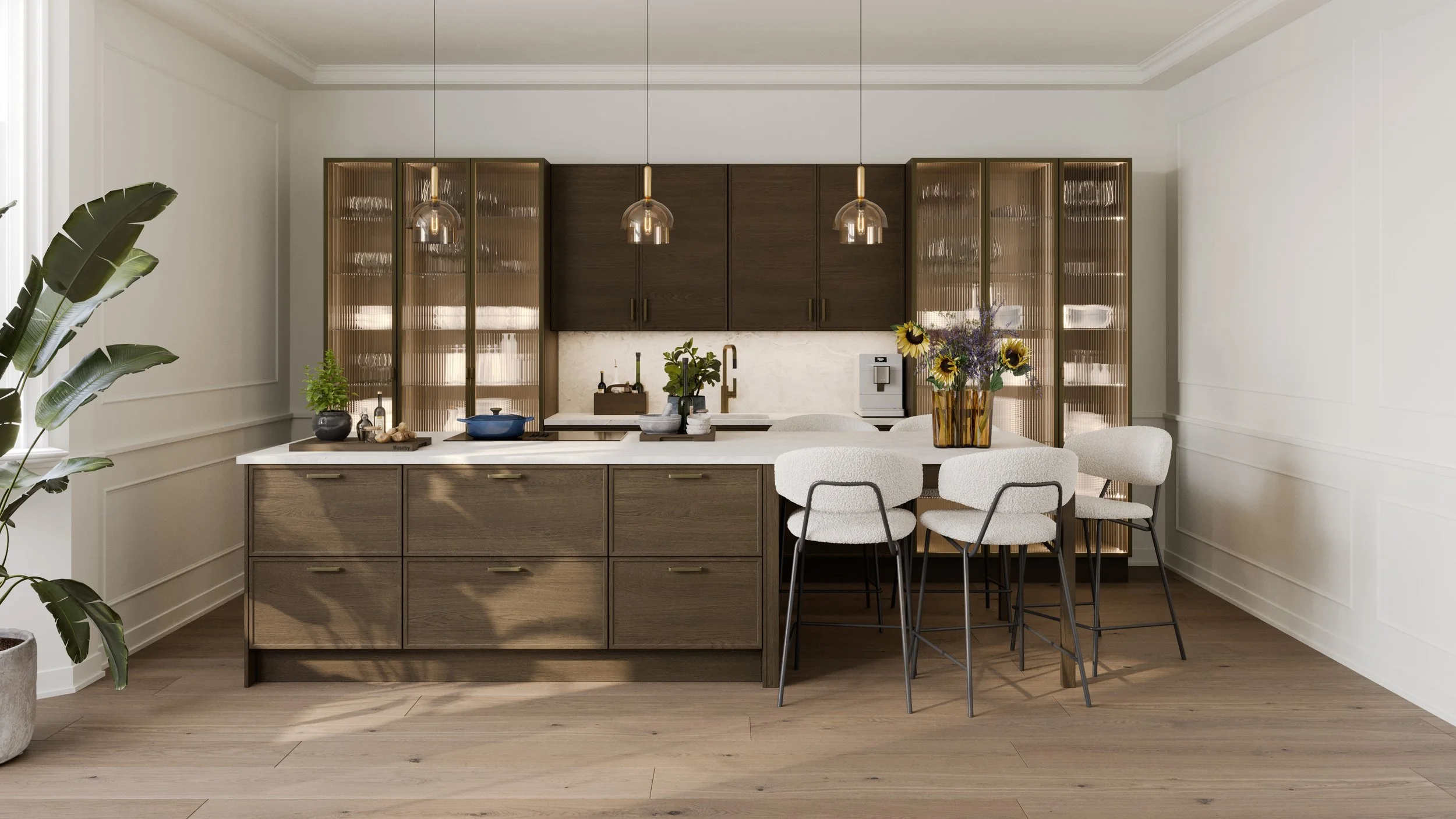 Flott kjøkken fra Huseby, modellen Havre beiset i fargen Torv. Glitre vitrineskap.