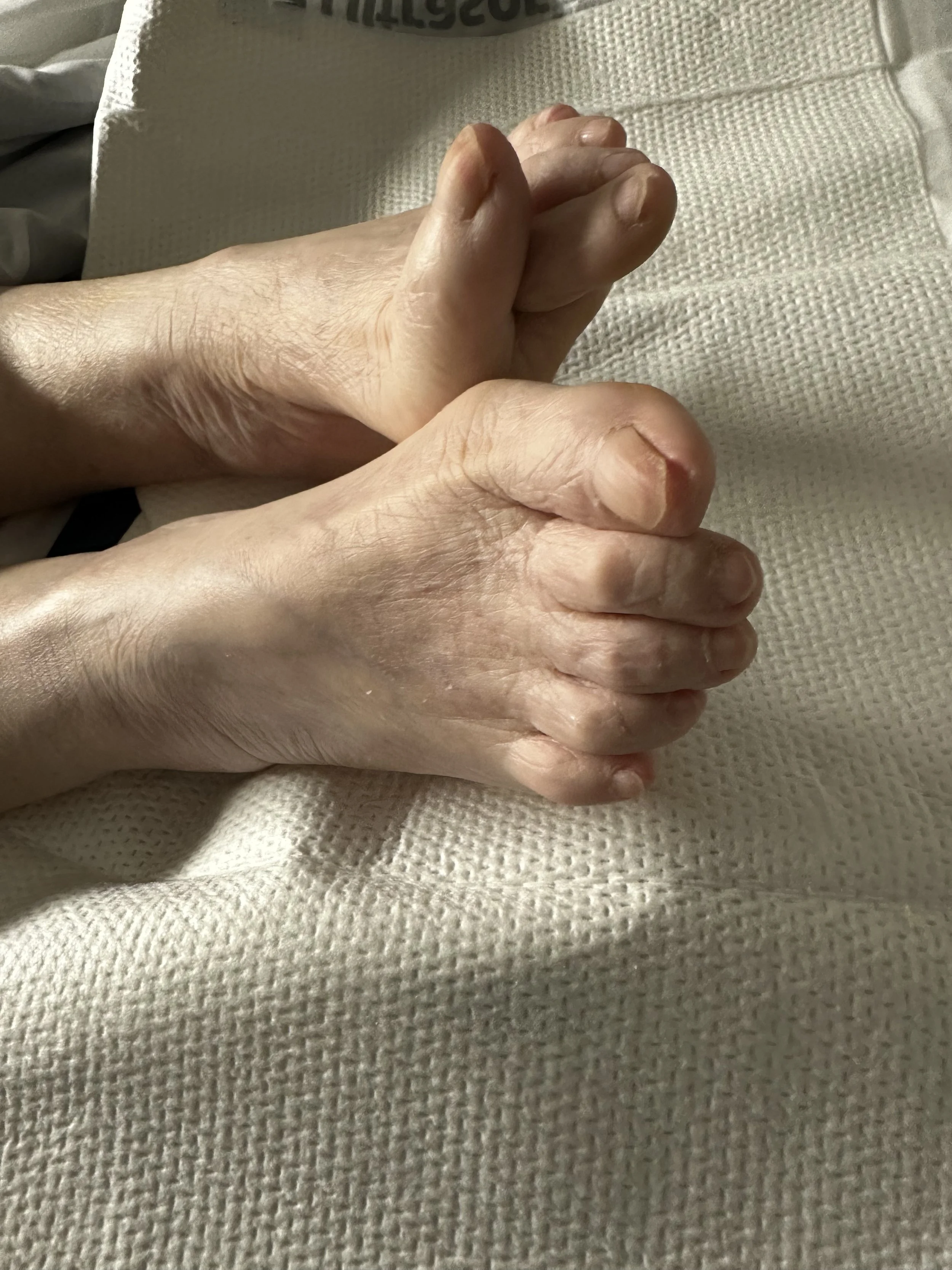 Elderly person’s feet resting on a textured white blanket.