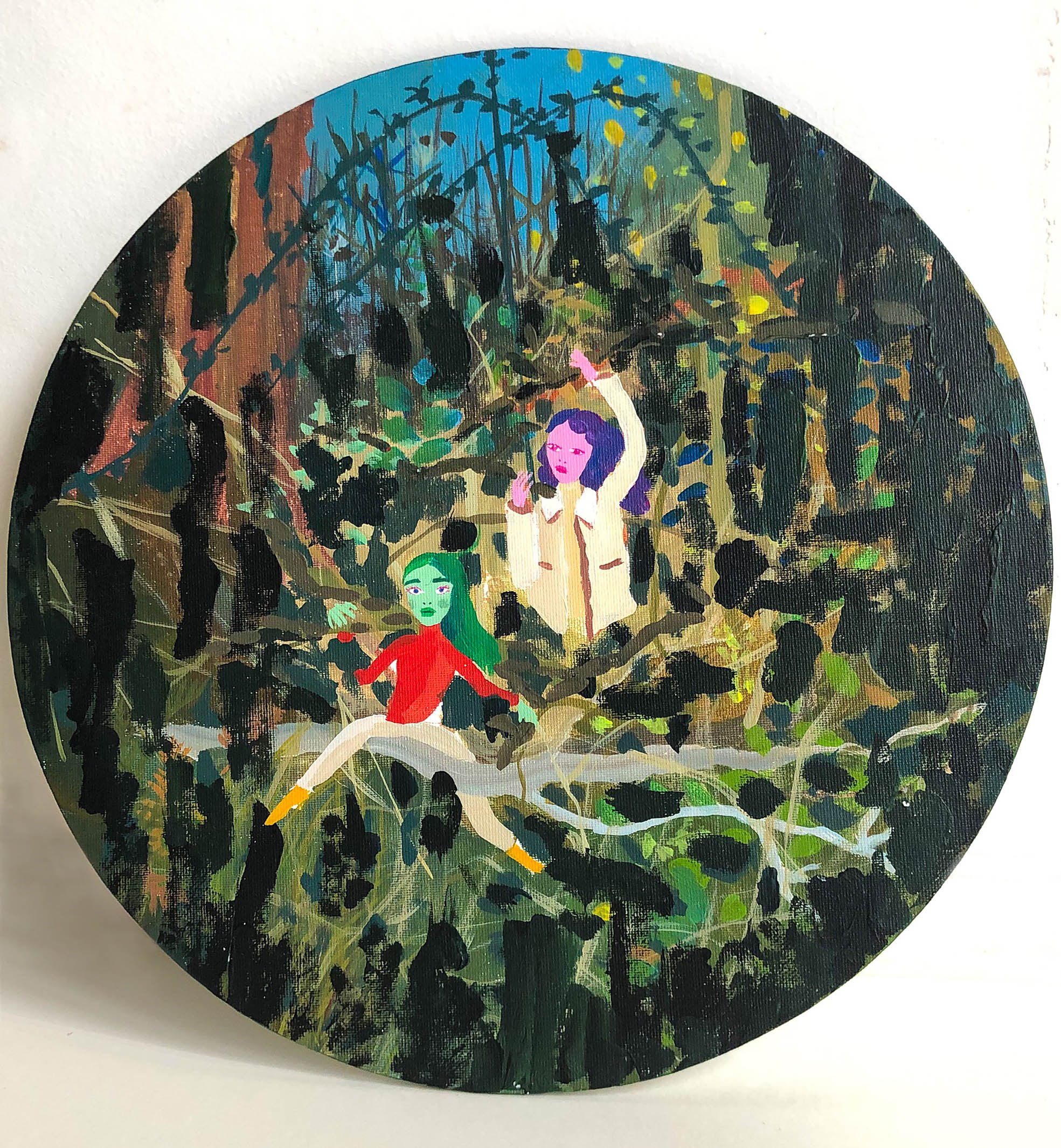 Through the undergrowth, acrylic on canvas, 30 cm diameter, 2021