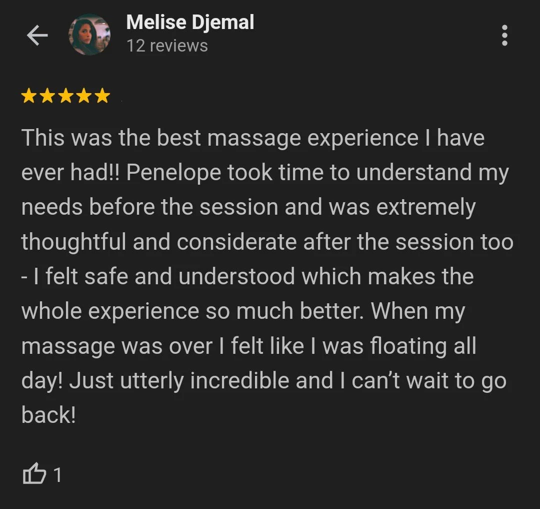 Screenshot of a positive online review from Melise Djemal praising Penelope for her thoughtful and considerate massage therapy, mentioning her understanding needs and the overall excellent experience.