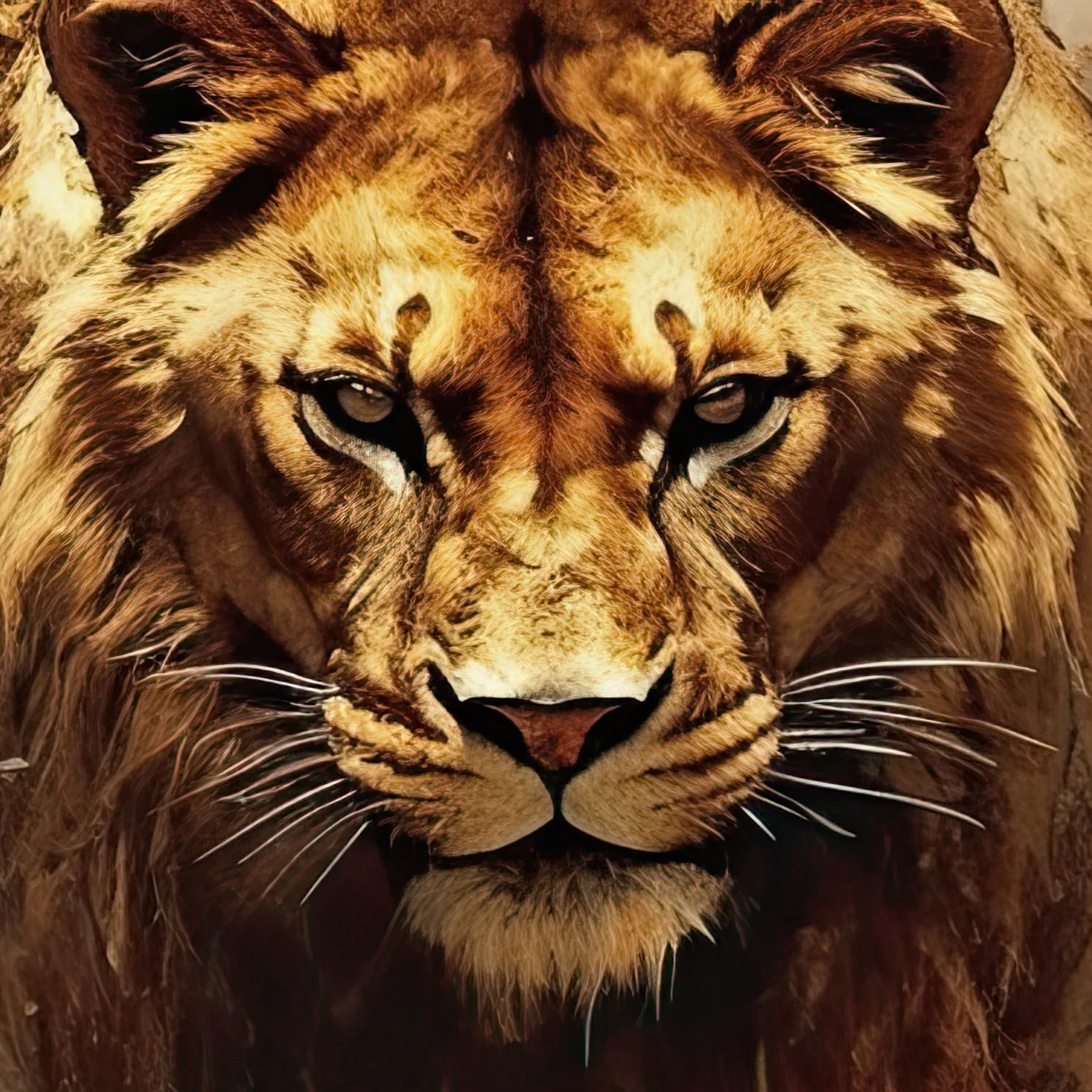 Close-up van een leeuw met een uitdrukking van kracht en vastberadenheid.